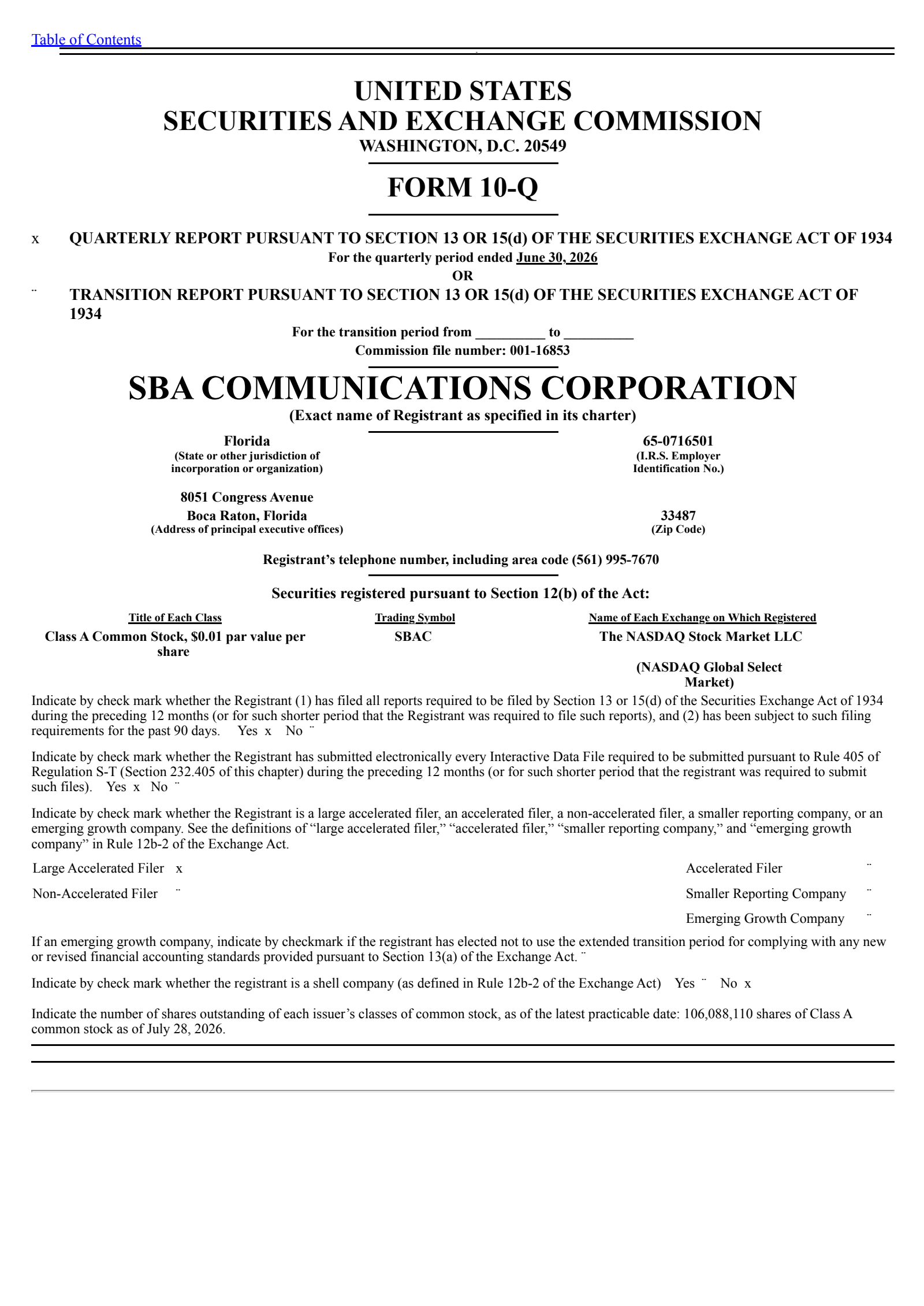 SBA Communications' Q2 2026 Quarterly report