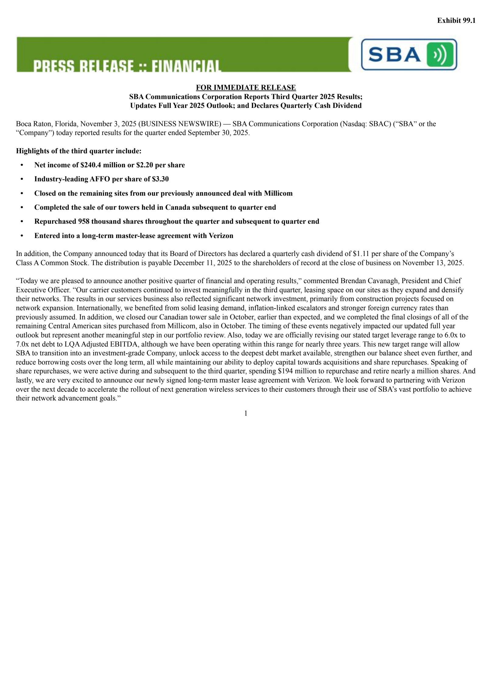 SBA Communications' Q3 2025 Earnings Release
