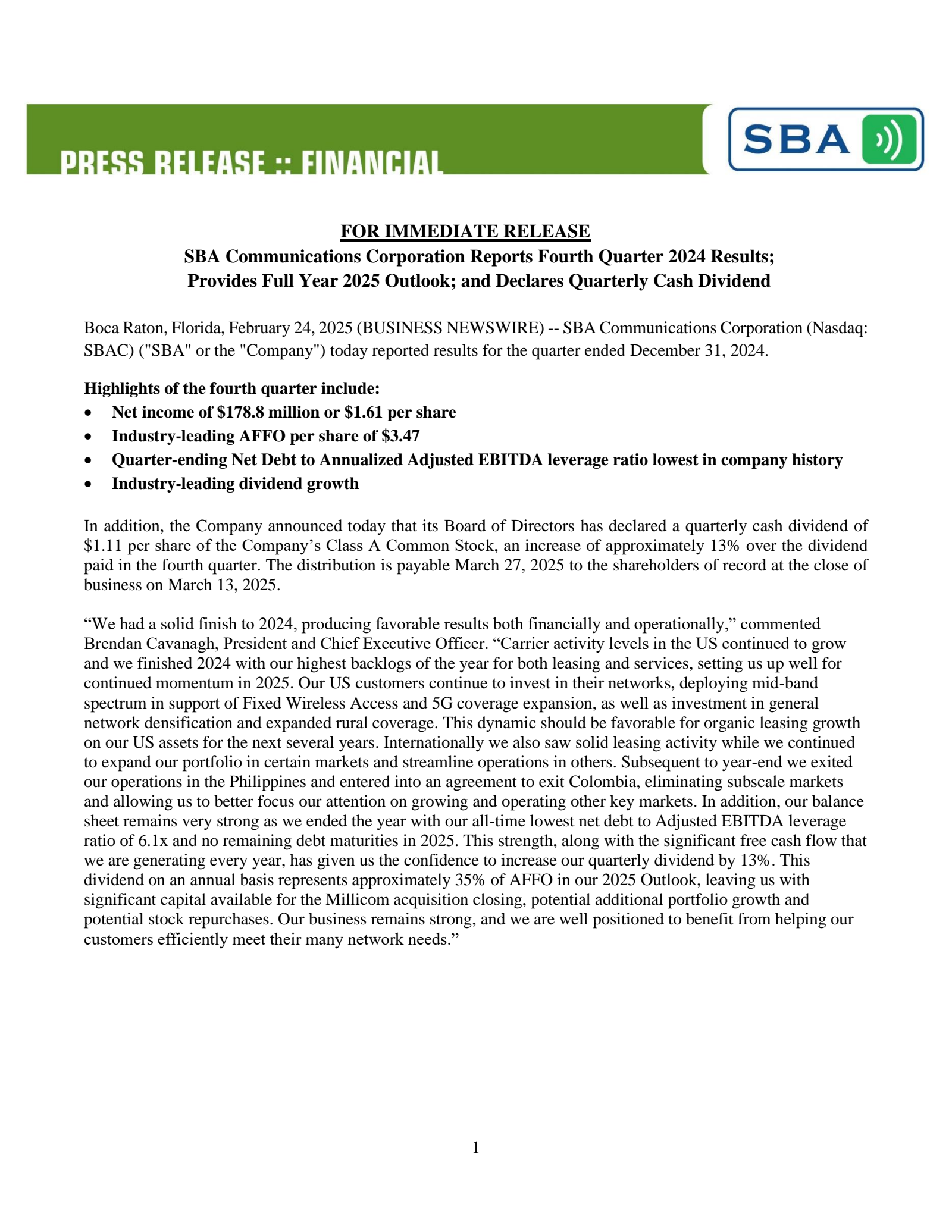 SBA Communications' Q4 2024 Press Release