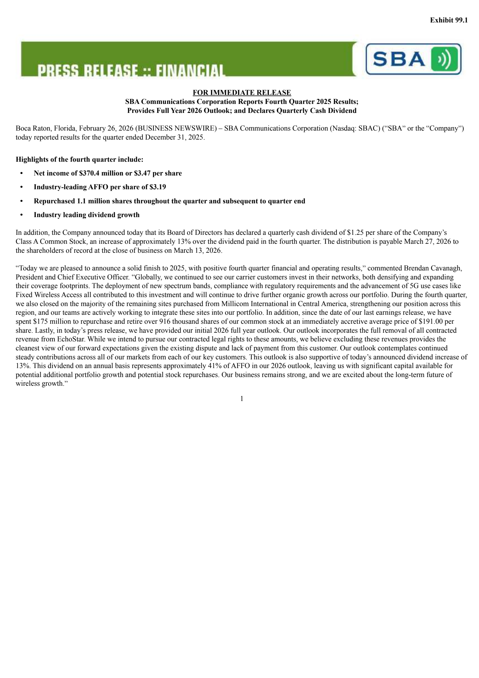 SBA Communications' Q4 2025 Press Release