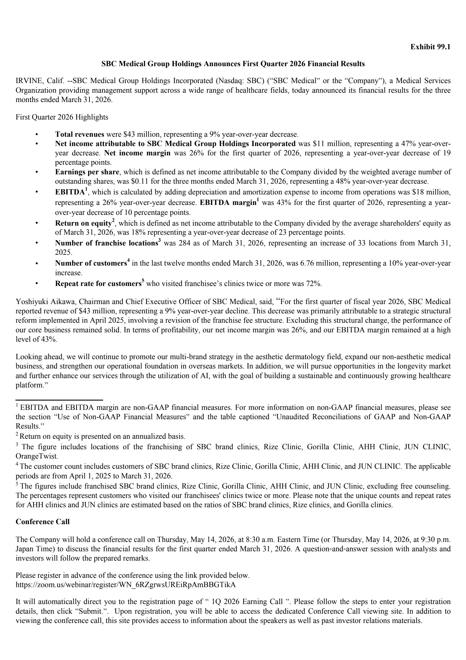 SBC Medical Group's Q1 2026 Press Release