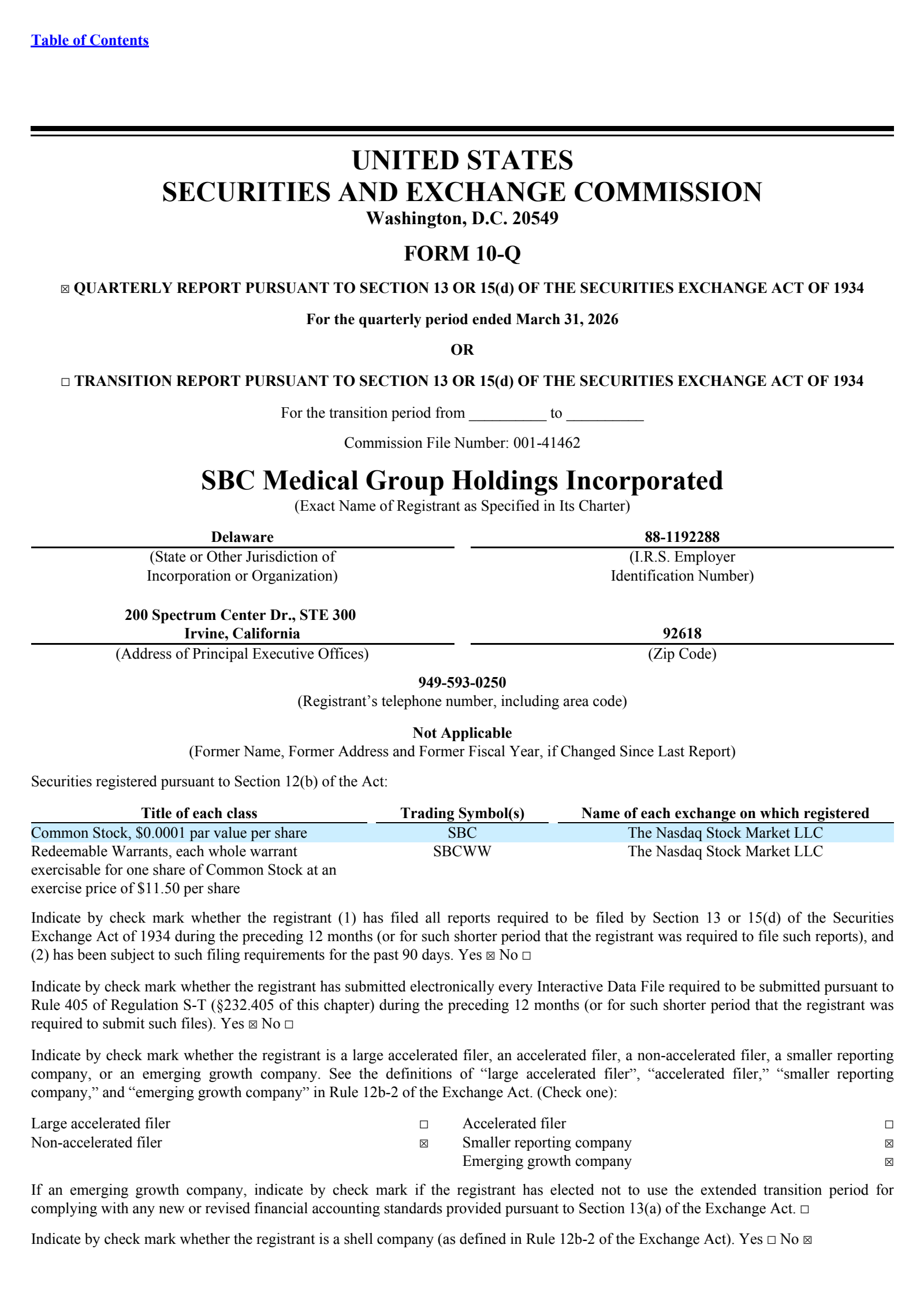 SBC Medical Group's Q1 2026 Quarterly report