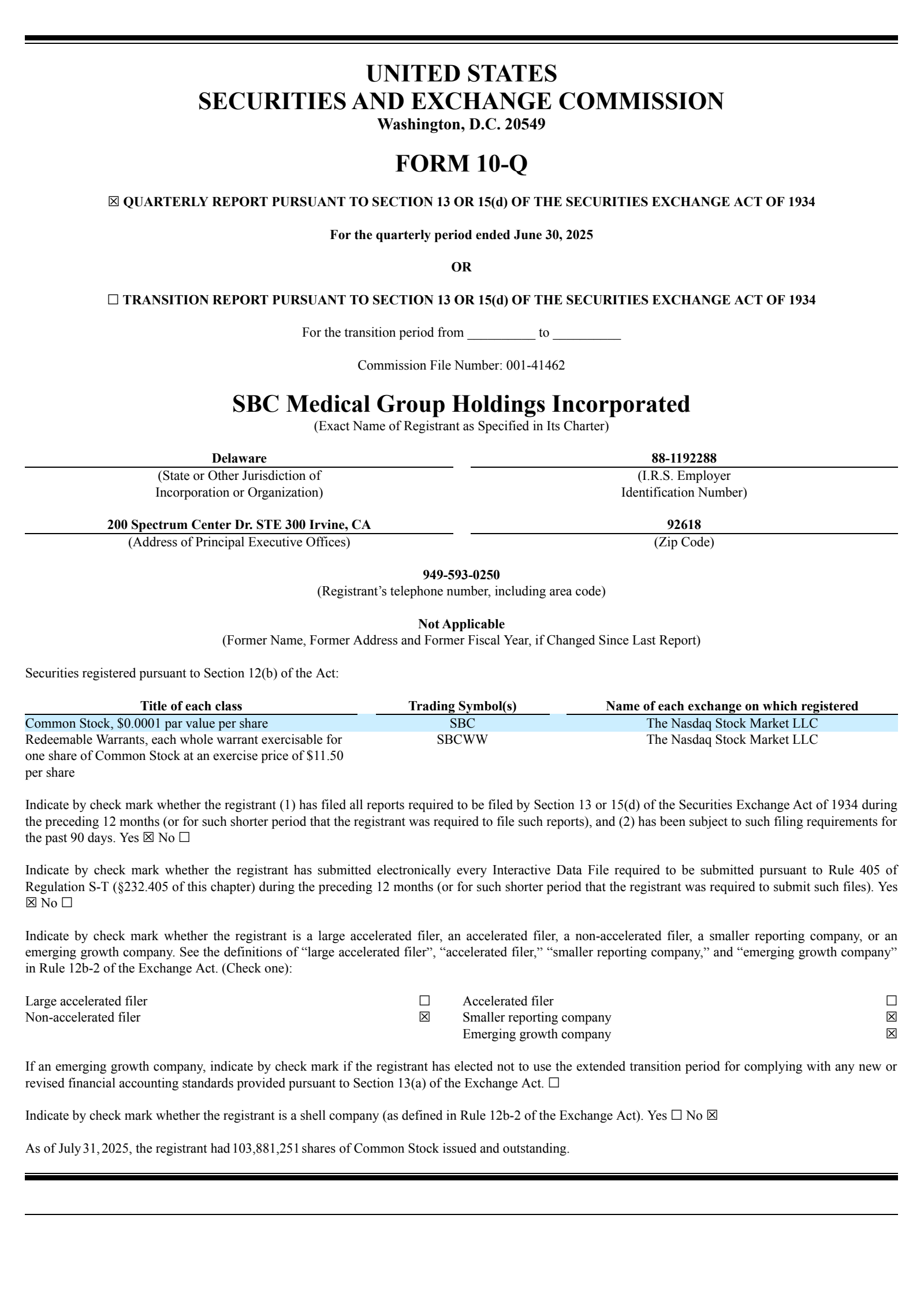 SBC Medical Group's Q2 2025 Quarterly Report