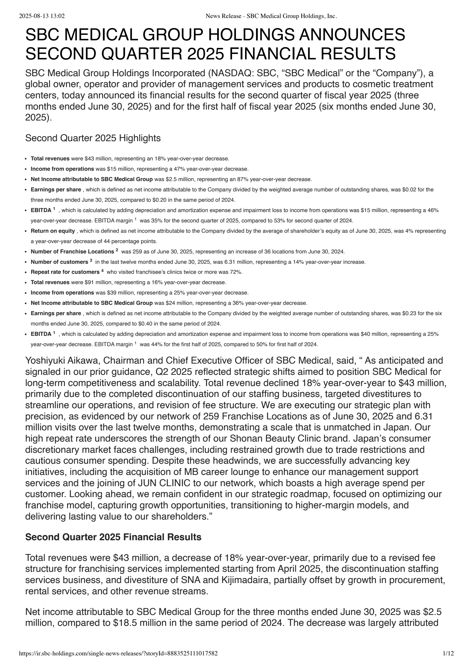 SBC Medical Group's Q2 2025 Press Release