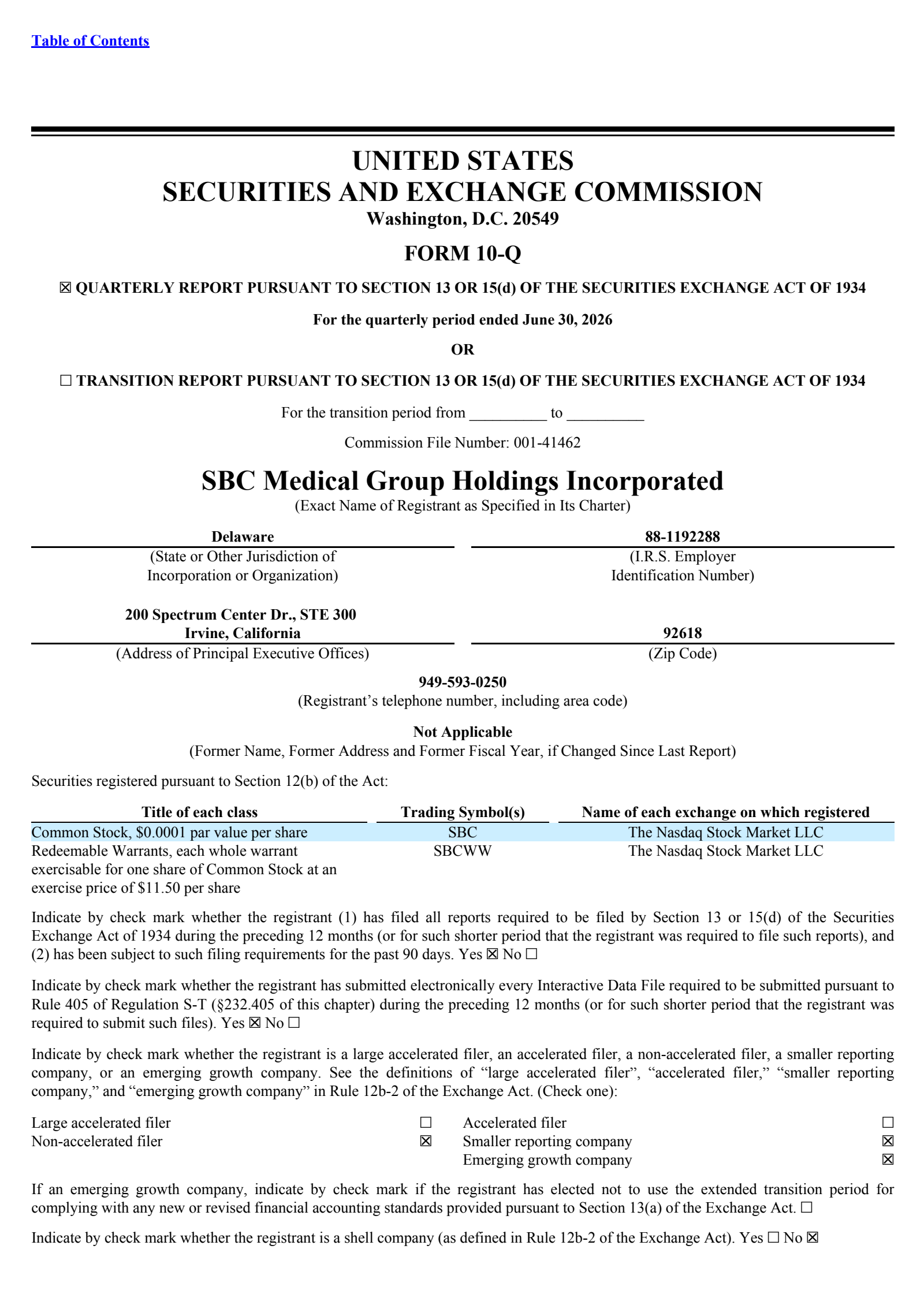 SBC Medical Group's Q2 2026 Quarterly report
