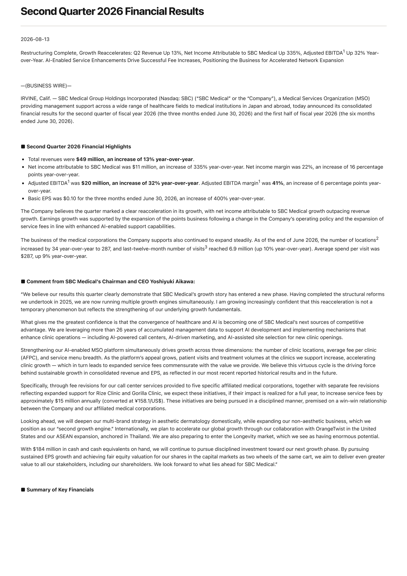 SBC Medical Group's Q2 2026 Press Release
