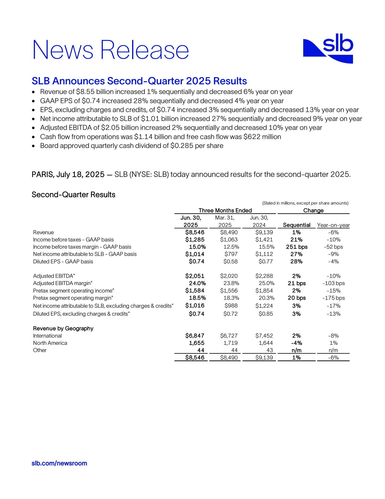Schlumberger's Q2 2025 Press Release