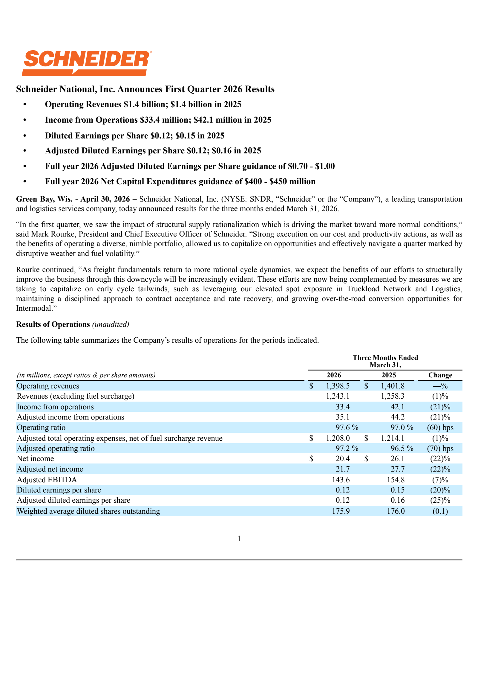 Schneider National's Q1 2026 Press Release