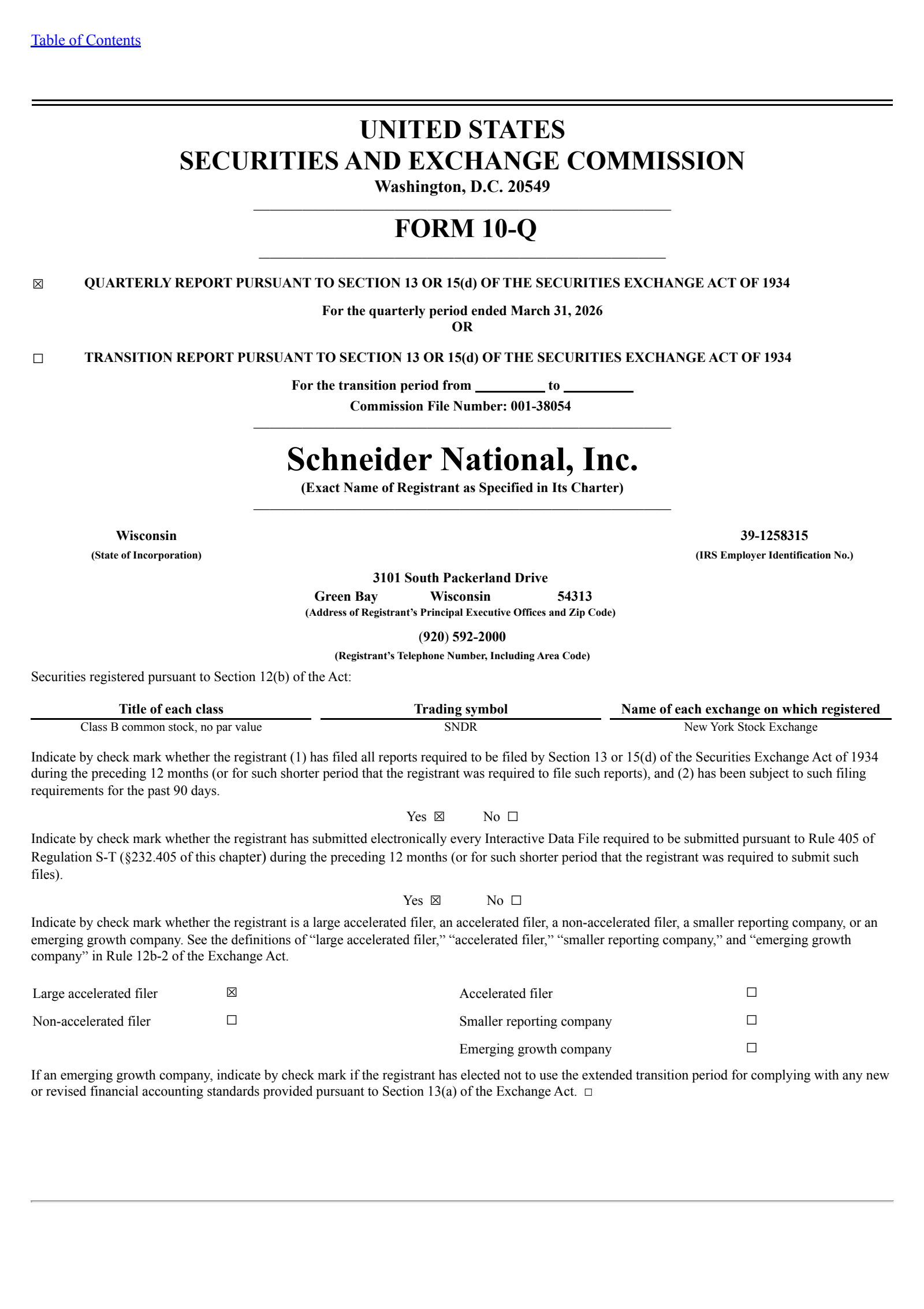 Schneider National's Q1 2026 Quarterly report