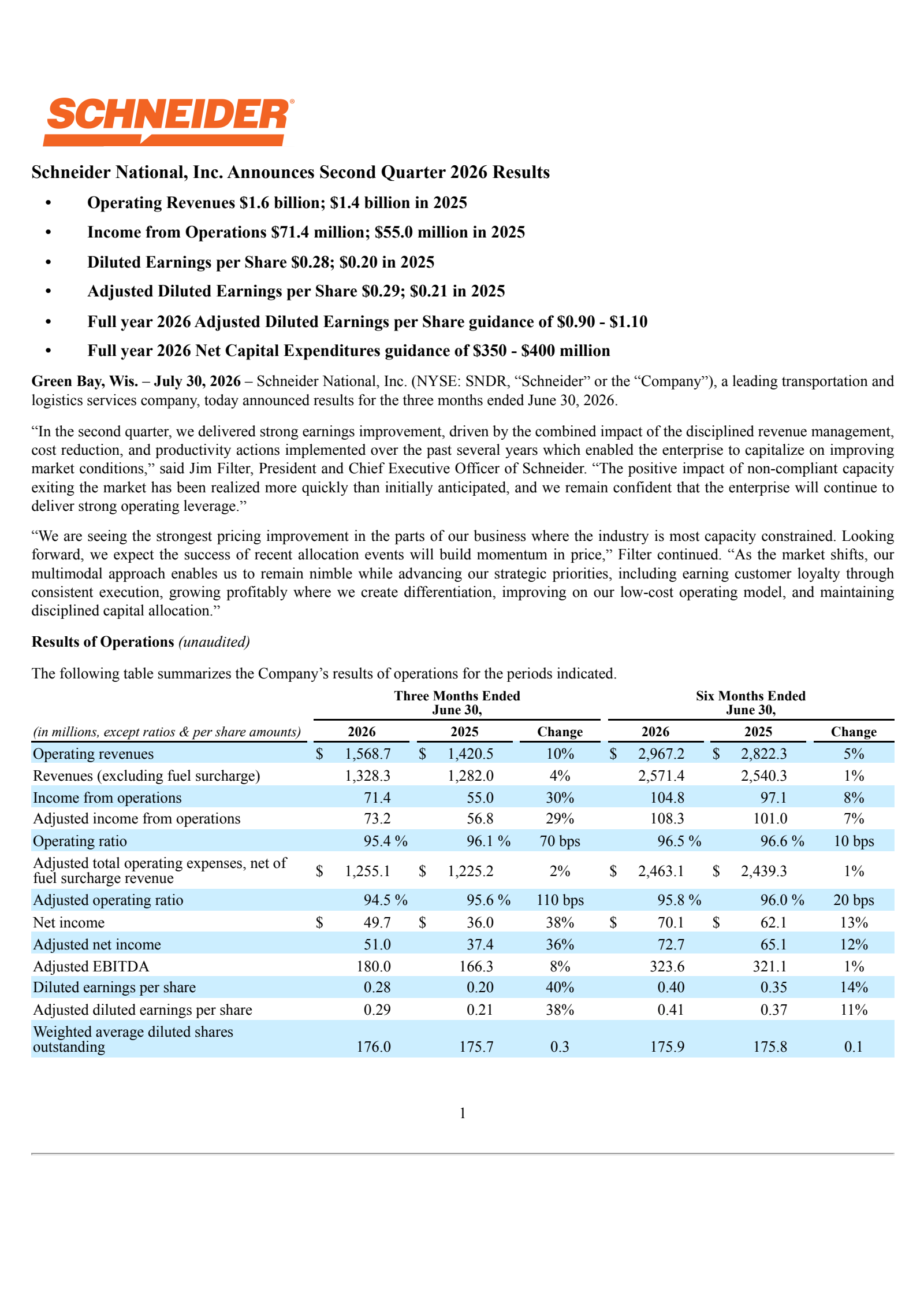 Schneider National's Q2 2026 Press Release