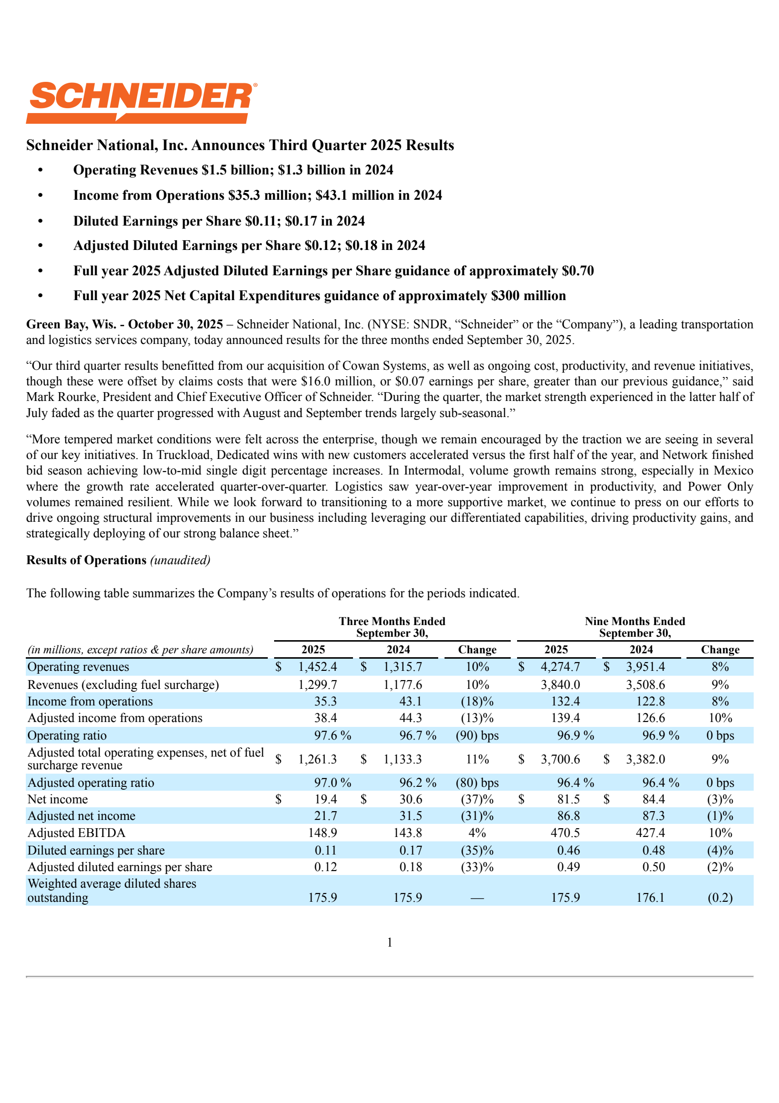 Schneider National's Q3 2025 Earnings Release
