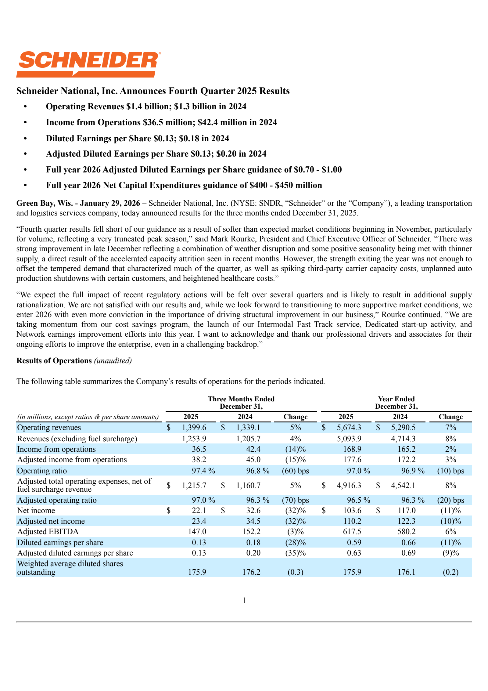 Schneider National's Q4 2025 Press Release
