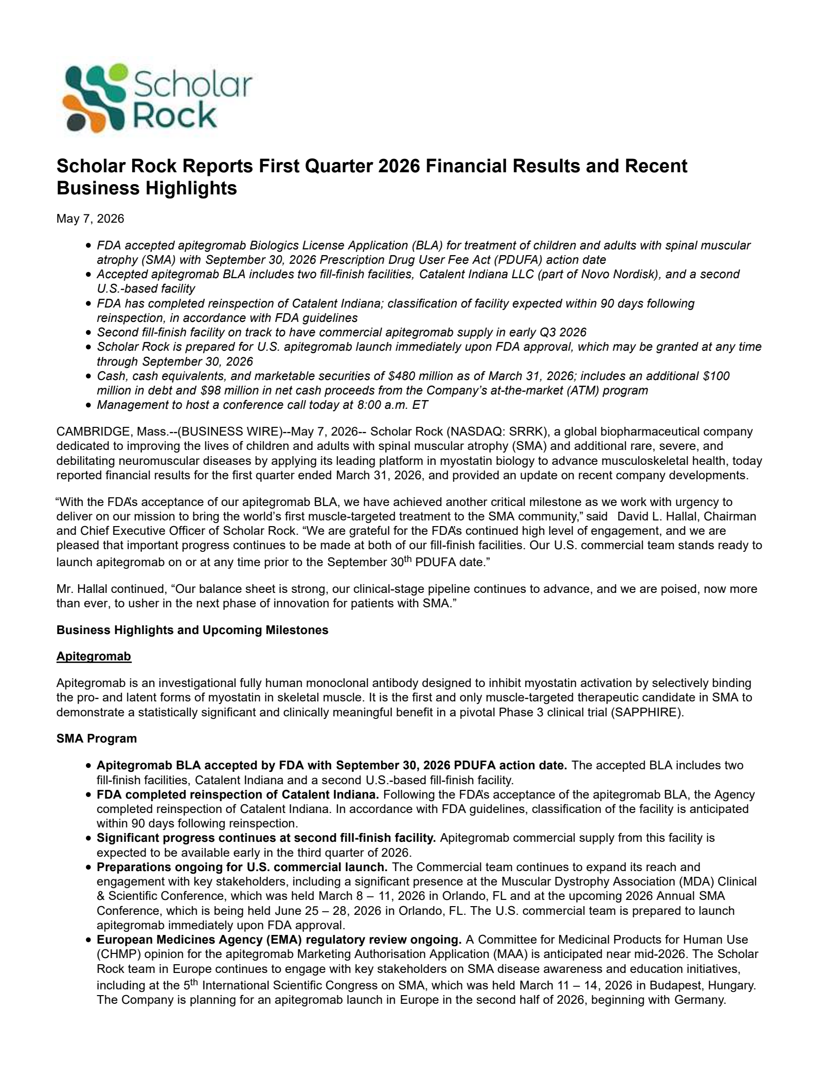 Scholar Rock's Q1 2026 Press Release