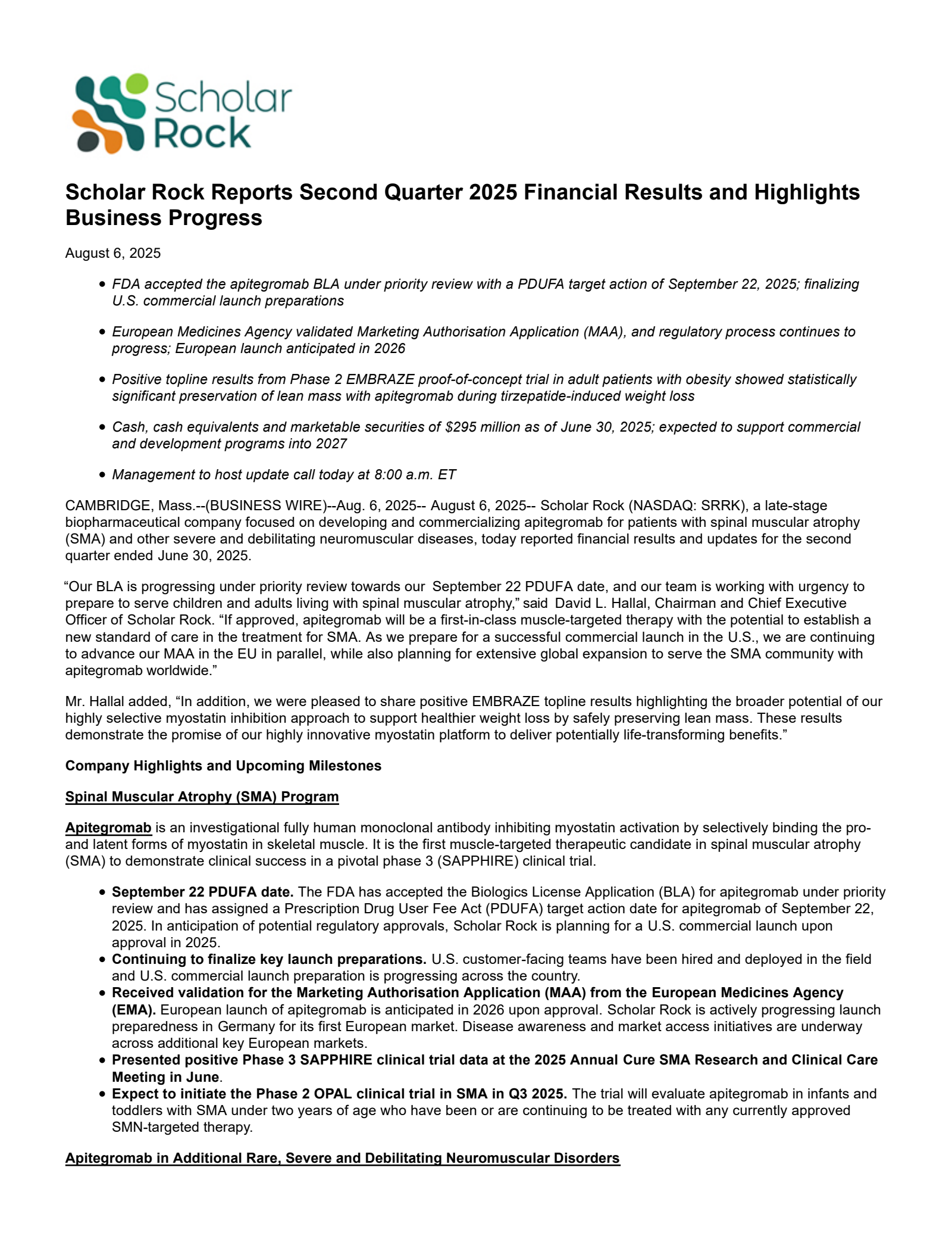 Scholar Rock's Q2 2025 Press Release