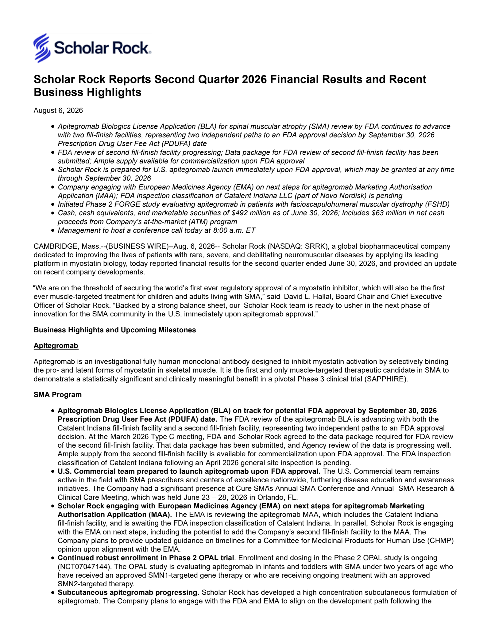 Scholar Rock's Q2 2026 Press Release
