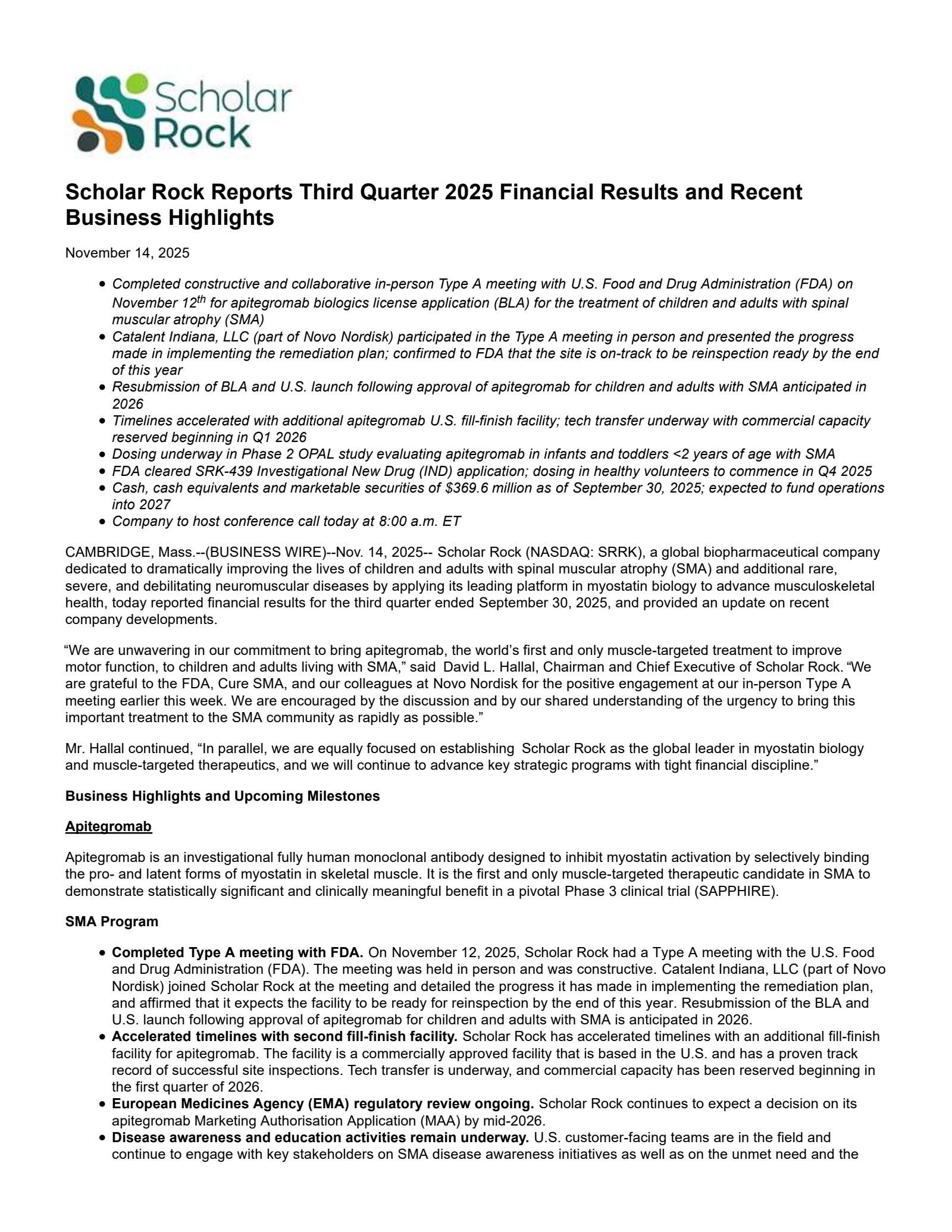 Scholar Rock's Q3 2025 Earnings Release