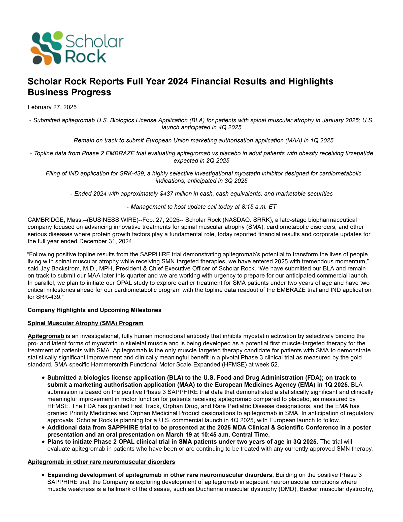 Scholar Rock's Q4 2024 Press Release