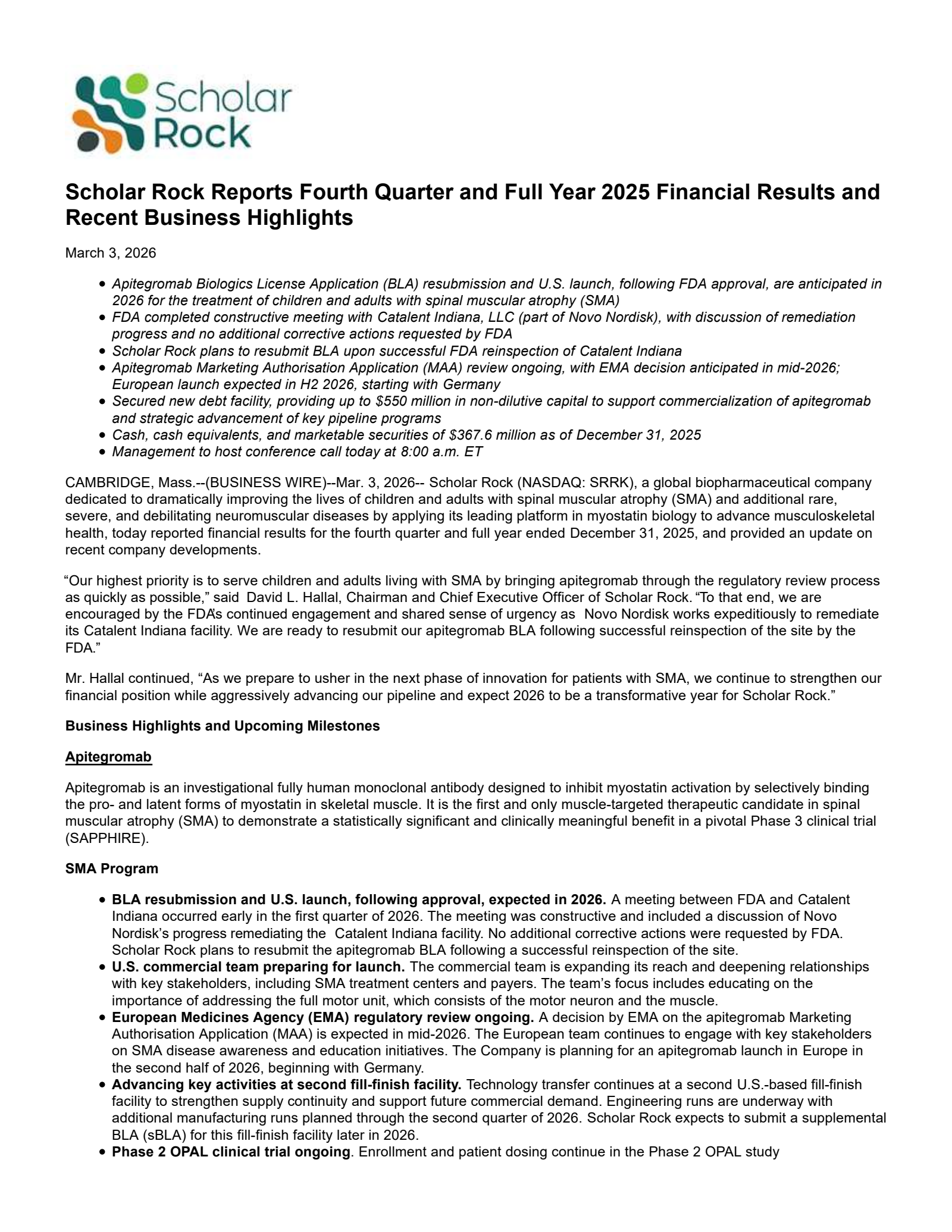 Scholar Rock's Q4 2025 Press Release