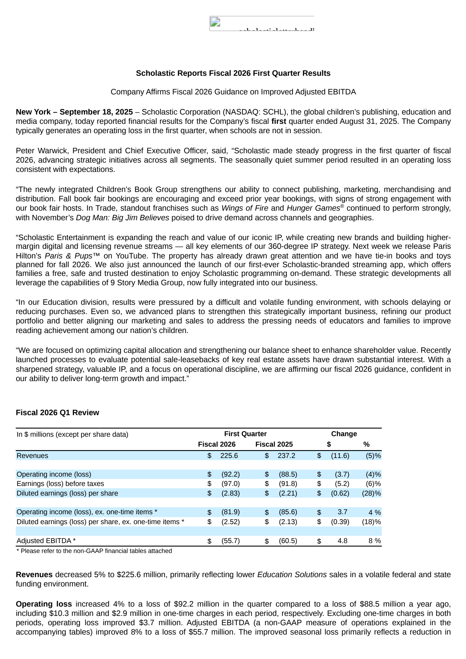Scholastic's Q1 2026 Earnings Release