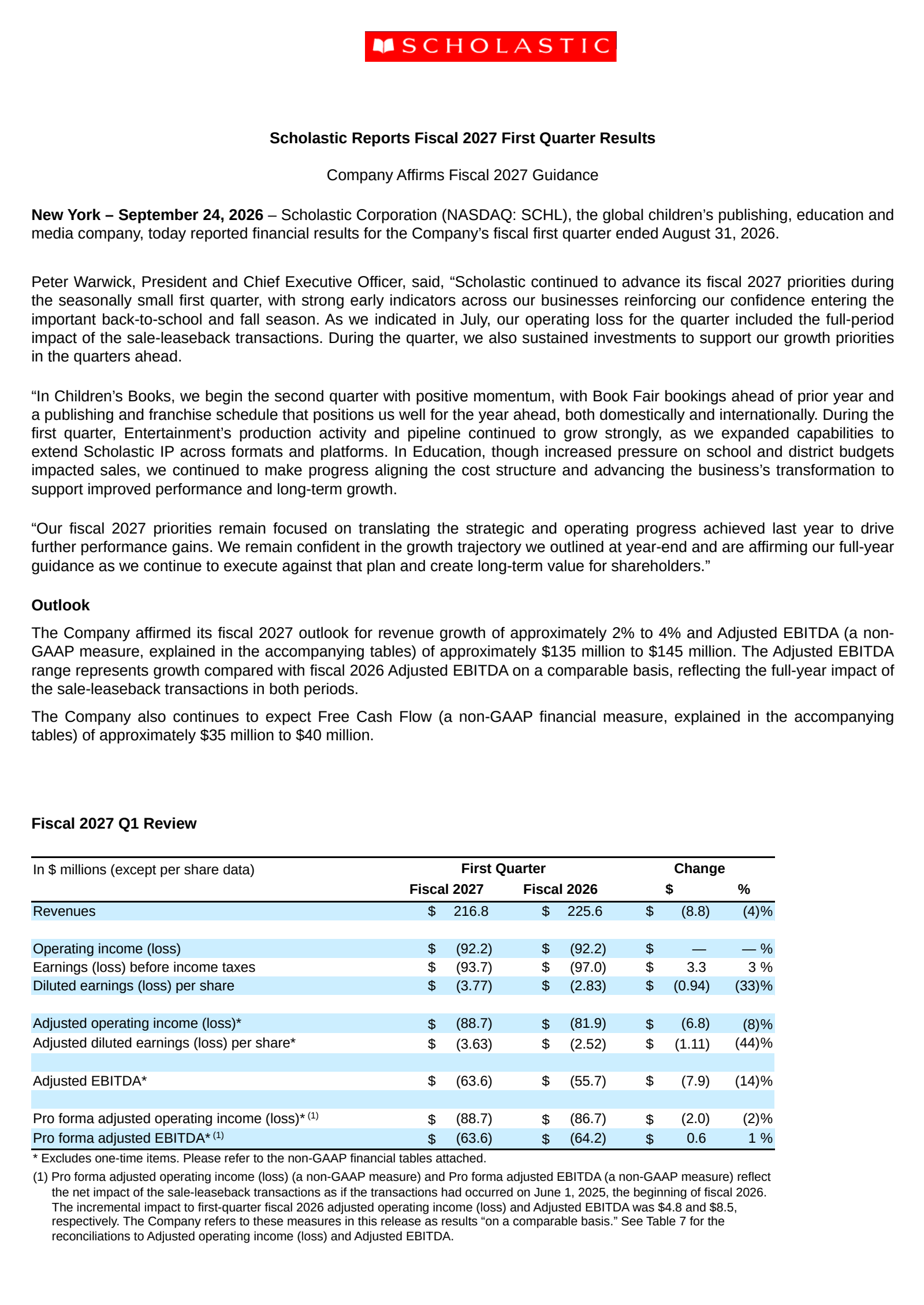 Scholastic's Q1 2027 Press Release