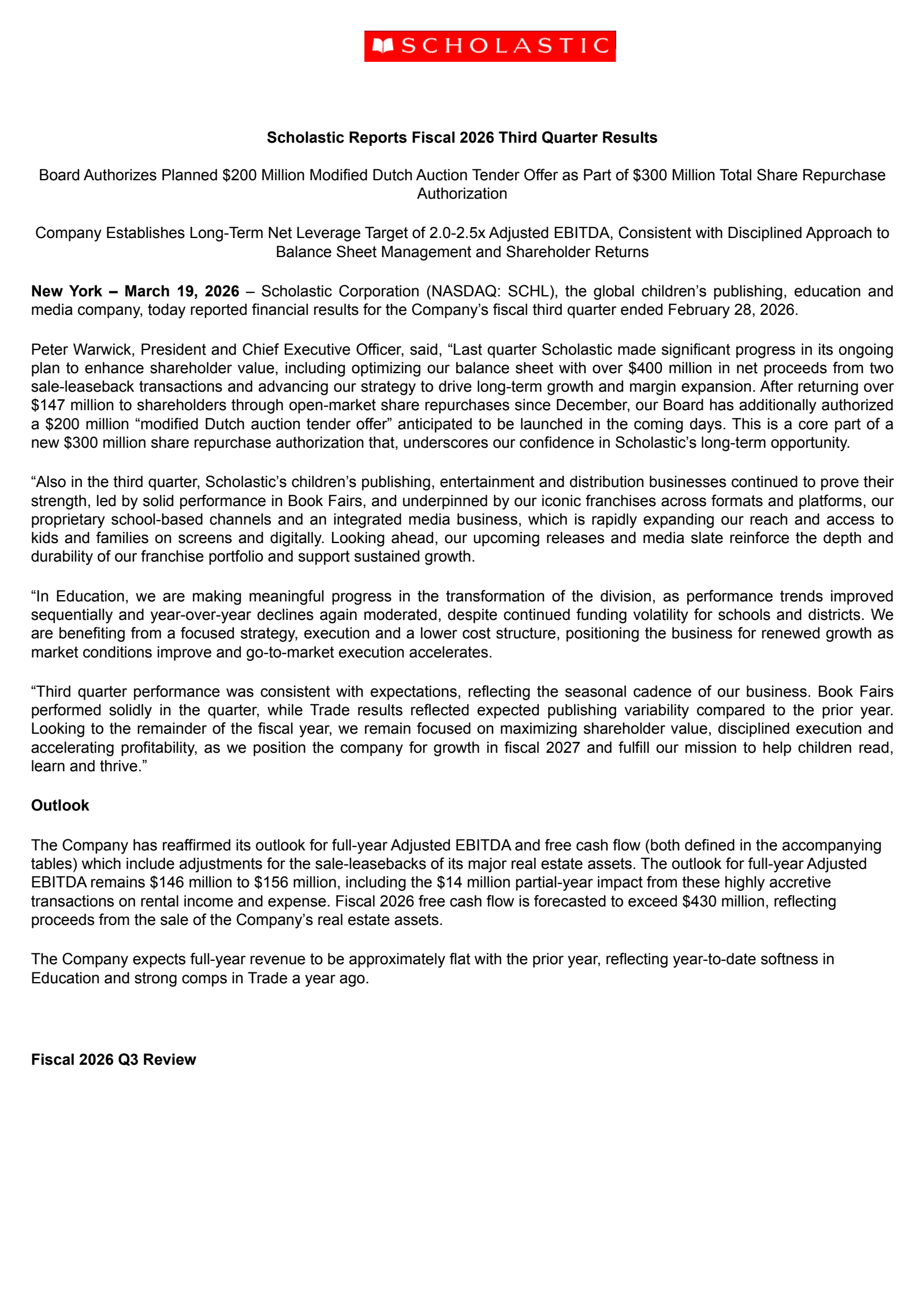 Scholastic's Q3 2026 Press Release