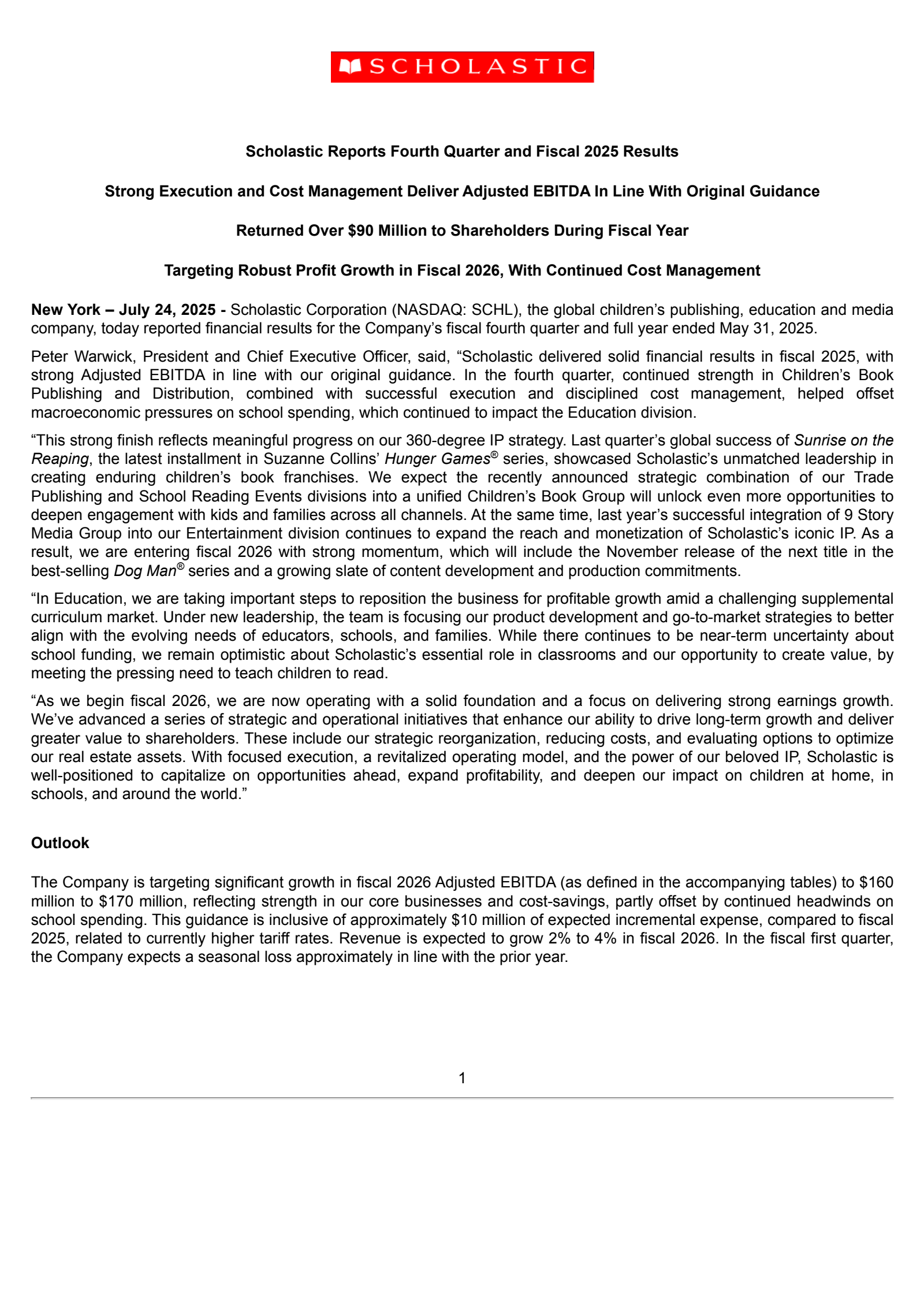 Scholastic's Q4 2025 Press Release