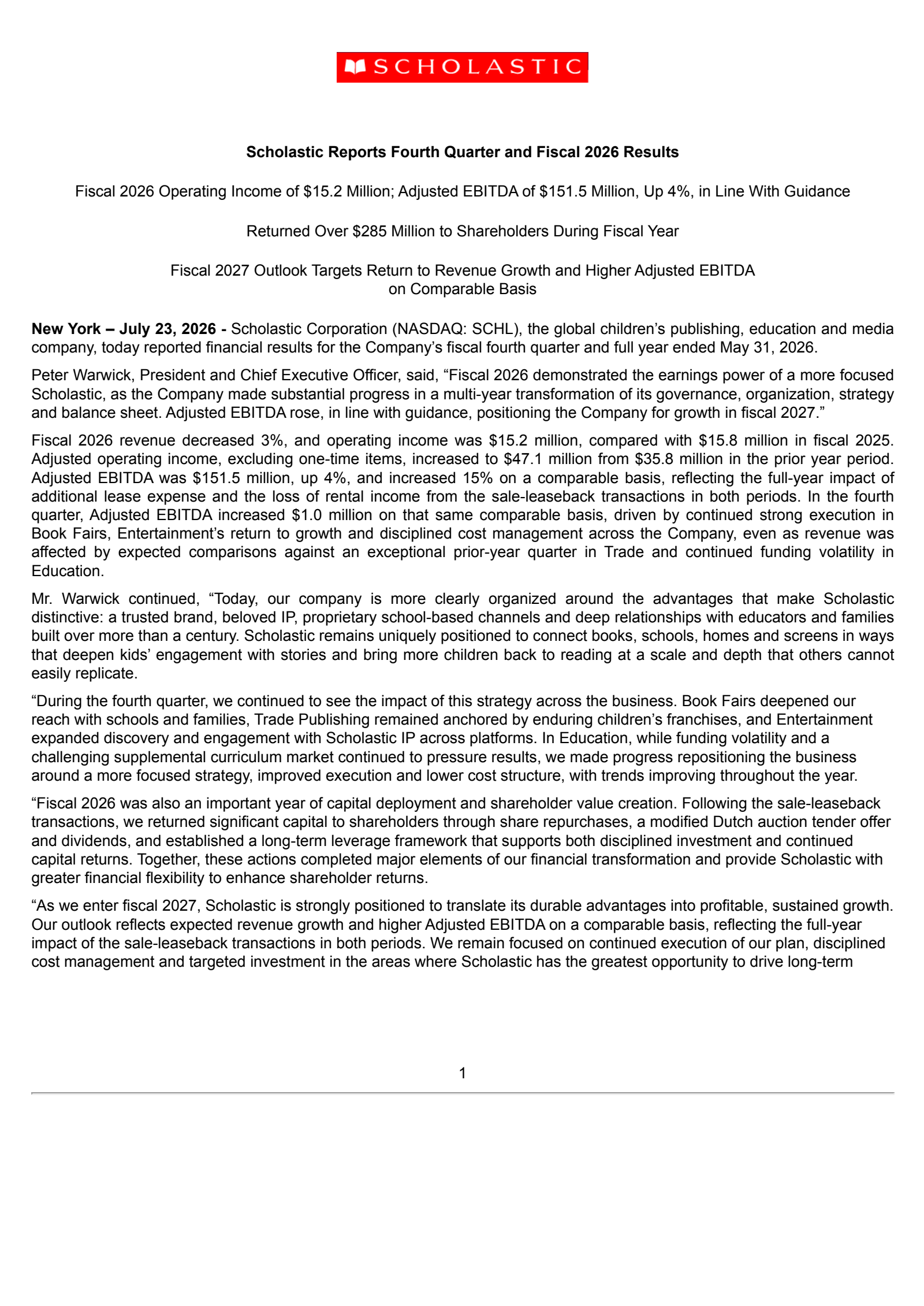Scholastic's Q4 2026 Press Release