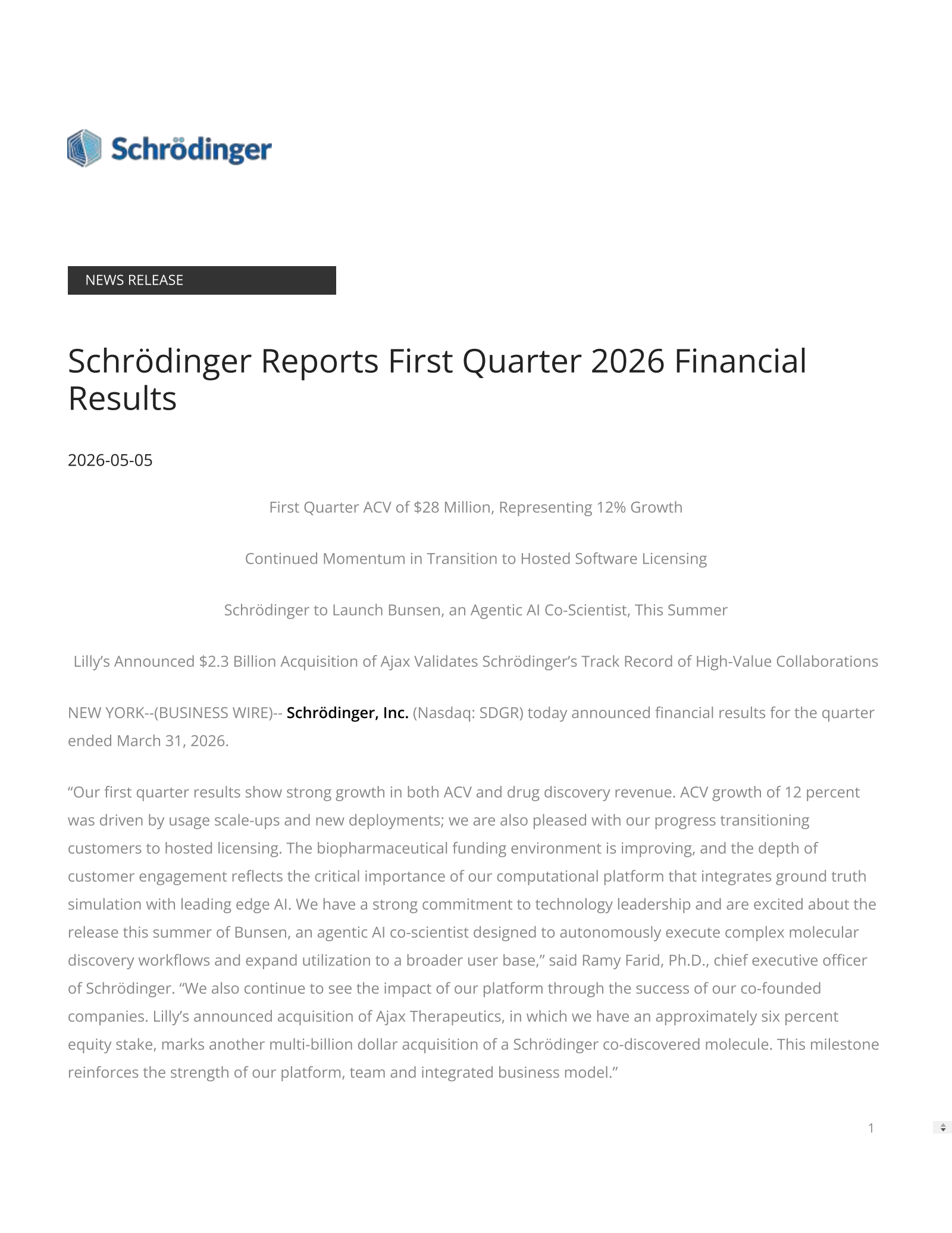 Schrodinger's Q1 2026 Press Release