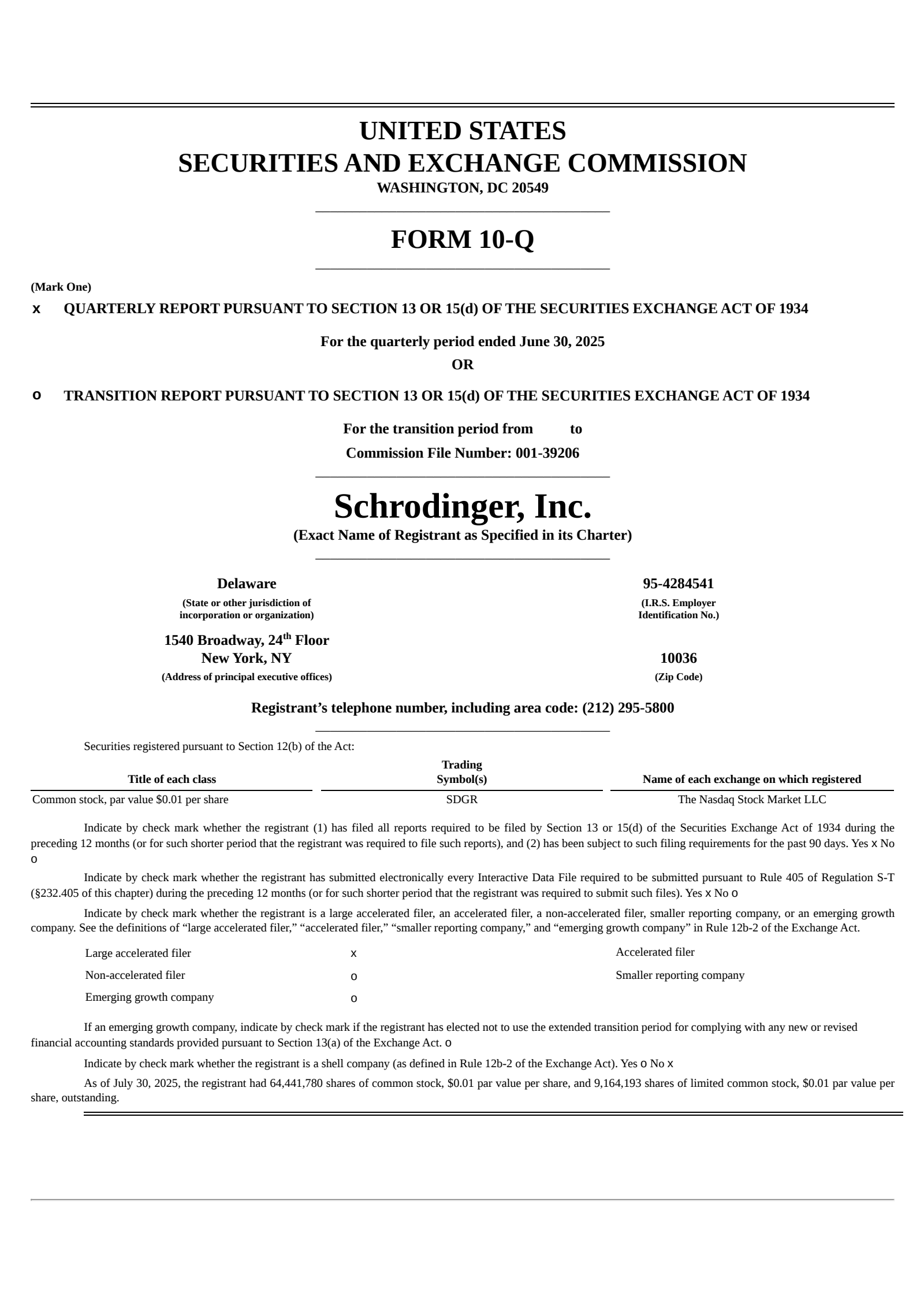 Schrodinger's Q2 2025 Quarterly report