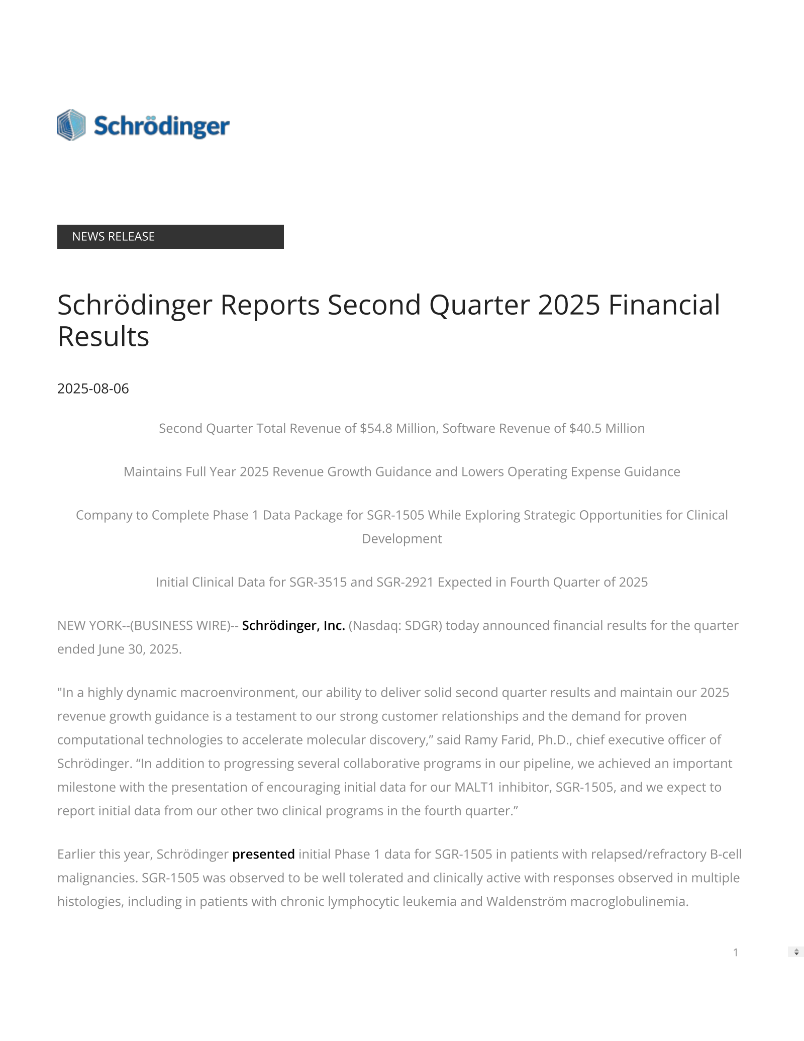 Schrodinger's Q2 2025 Press Release