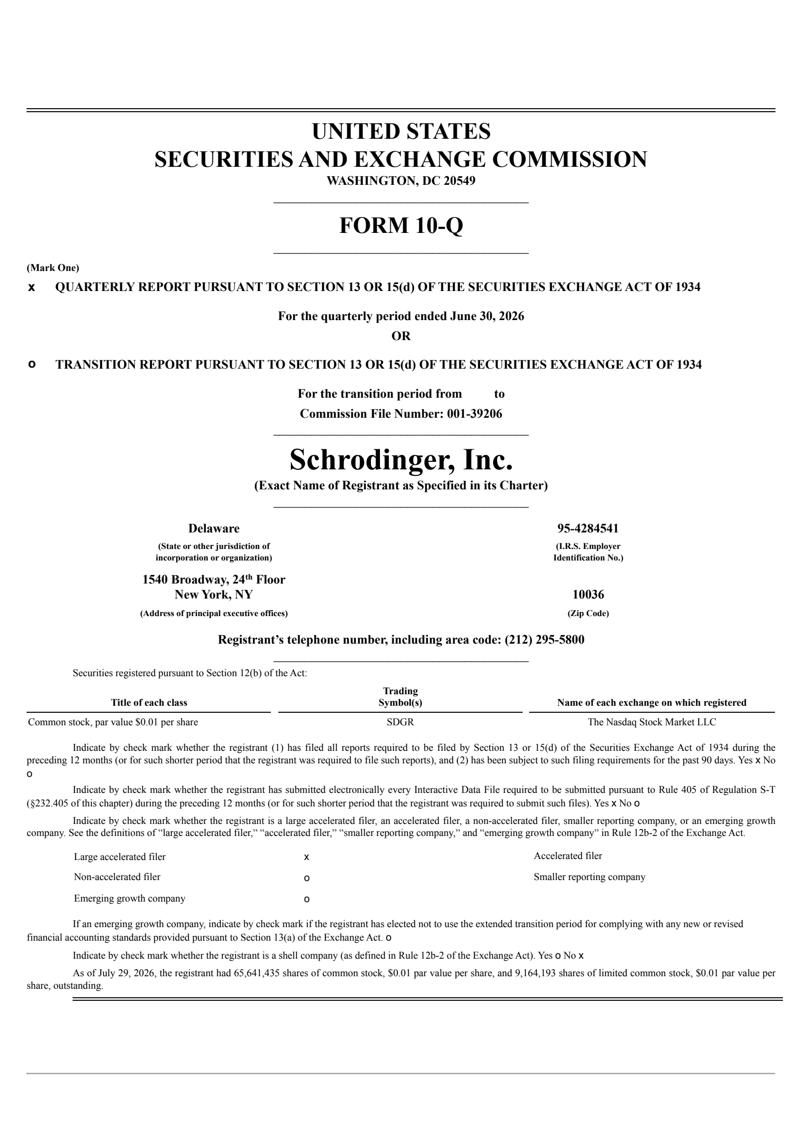Schrodinger's Q2 2026 Quarterly report