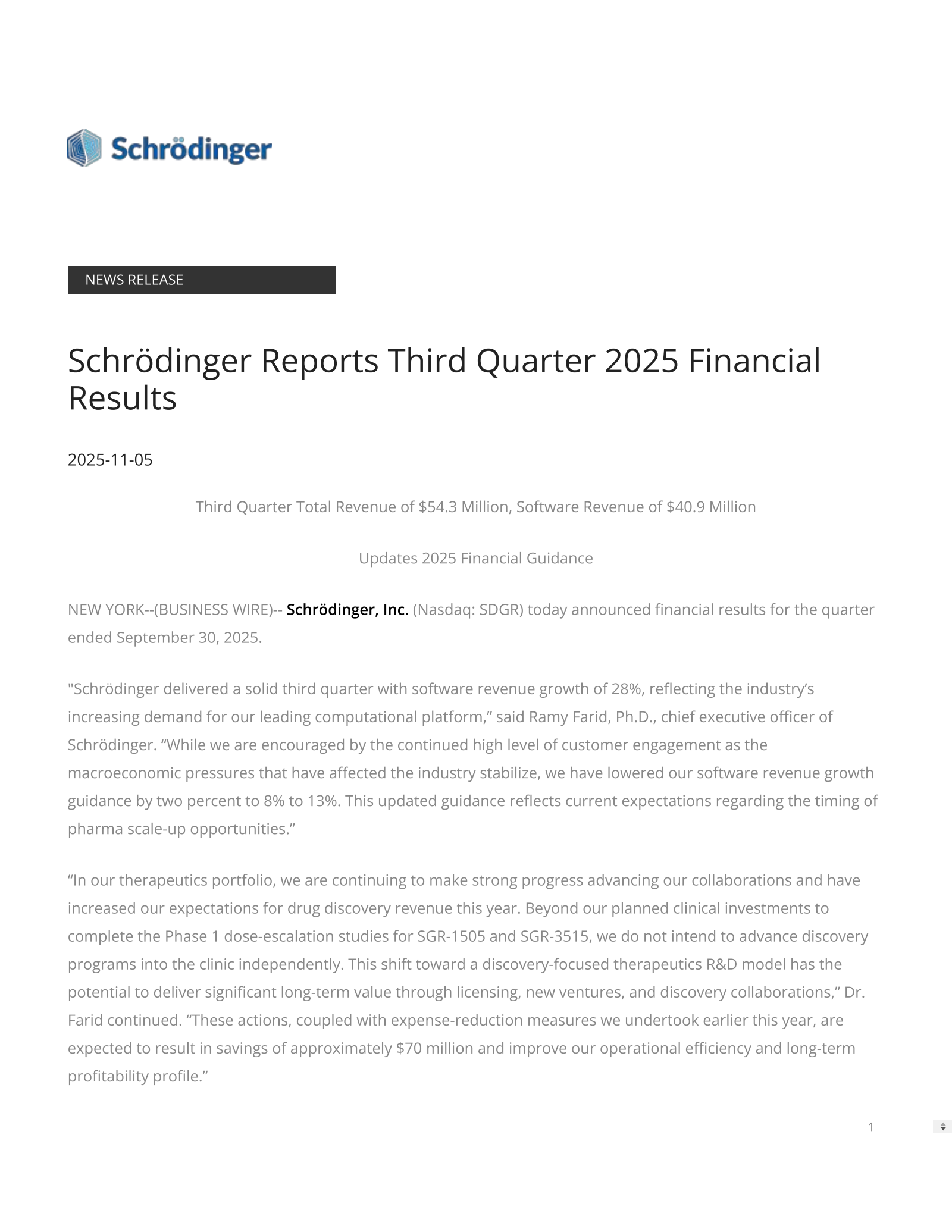 Schrodinger's Q3 2025 Earnings Release