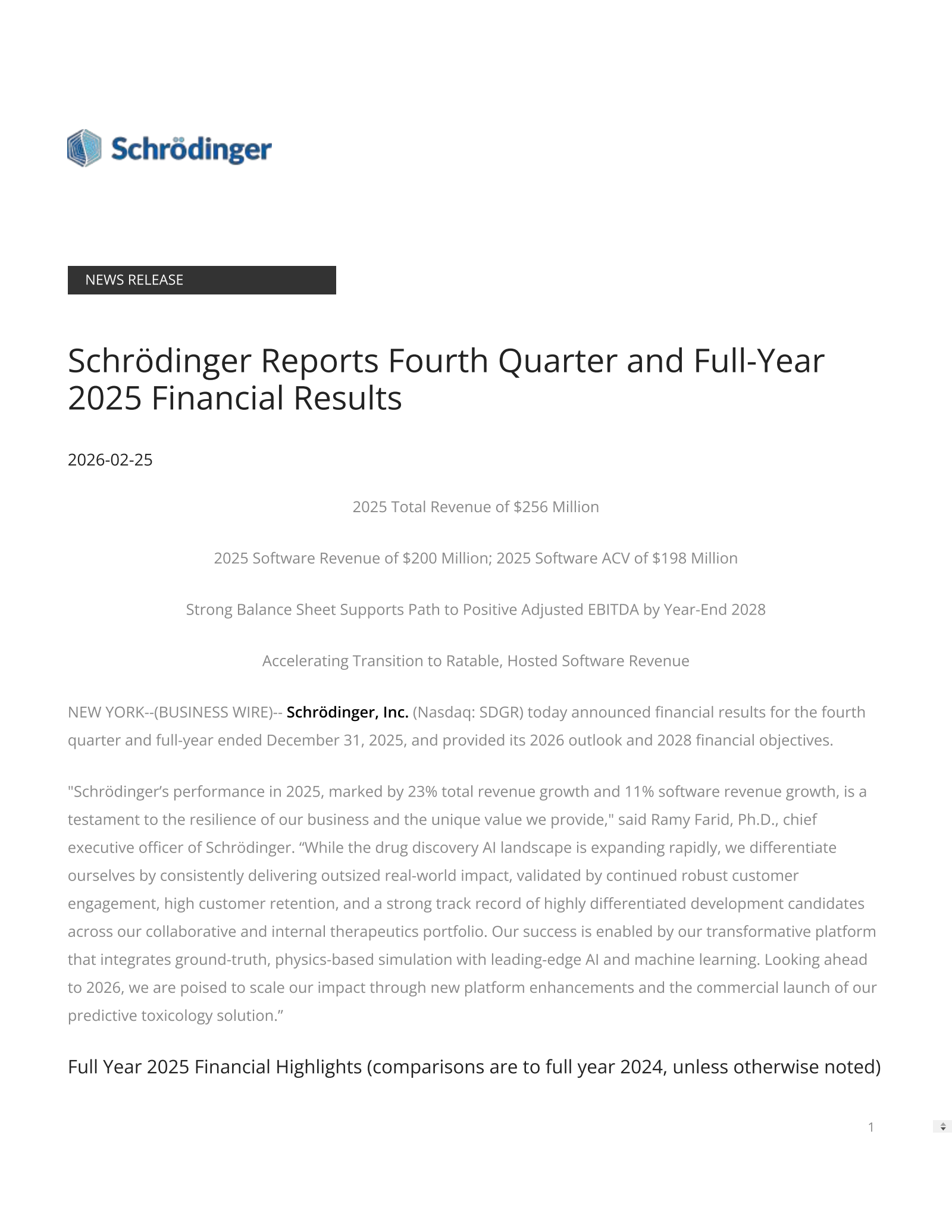 Schrodinger's Q4 2025 Press Release