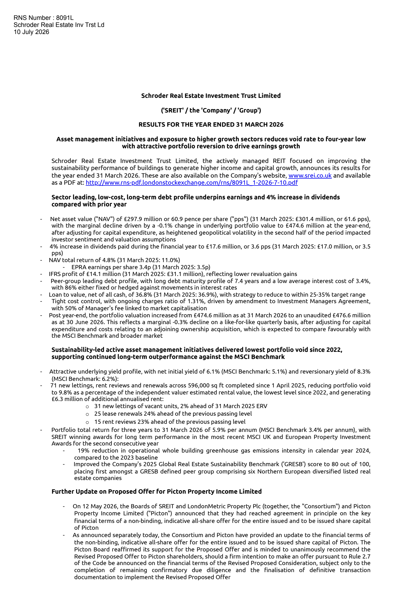 Schroder Real Estate Invest's H2 2026 Press Release