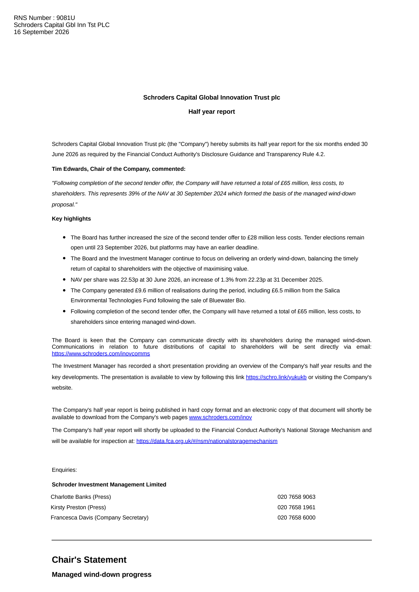 Schroders Capital Global Innovation Trust plc - INOV's H1 2026 Interim report
