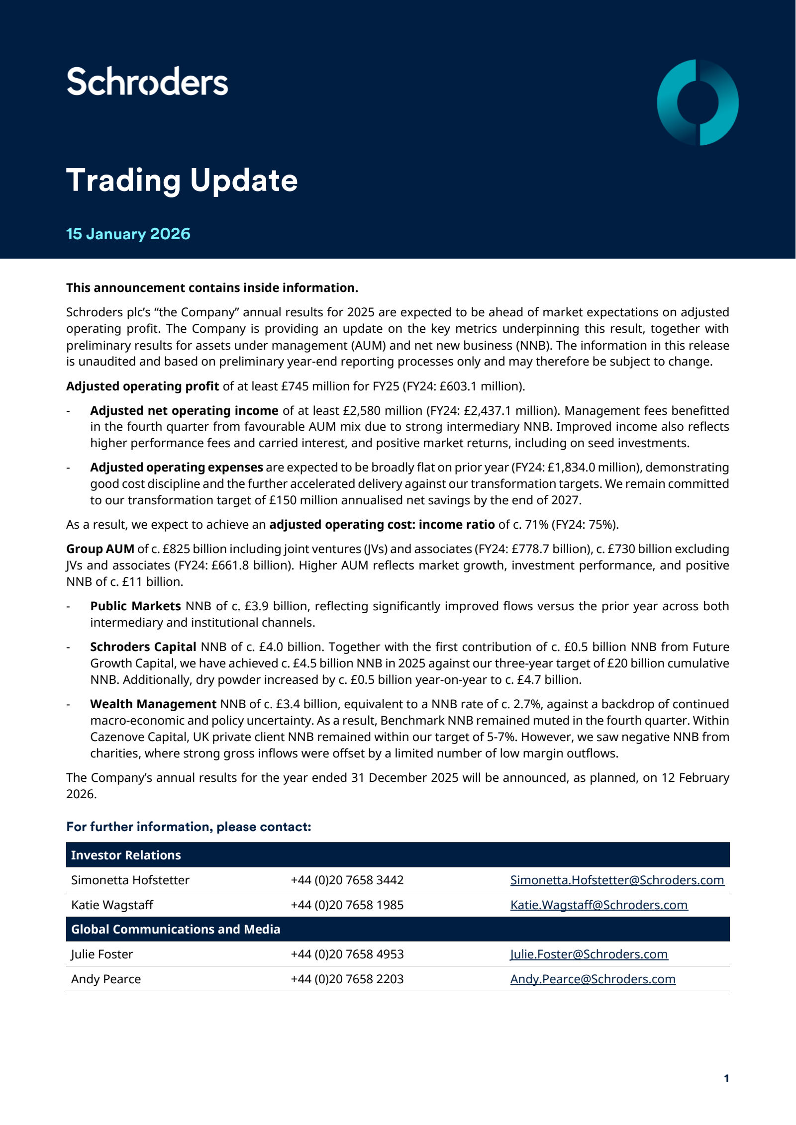 Schroders' Q4 2025 TU Press Release
