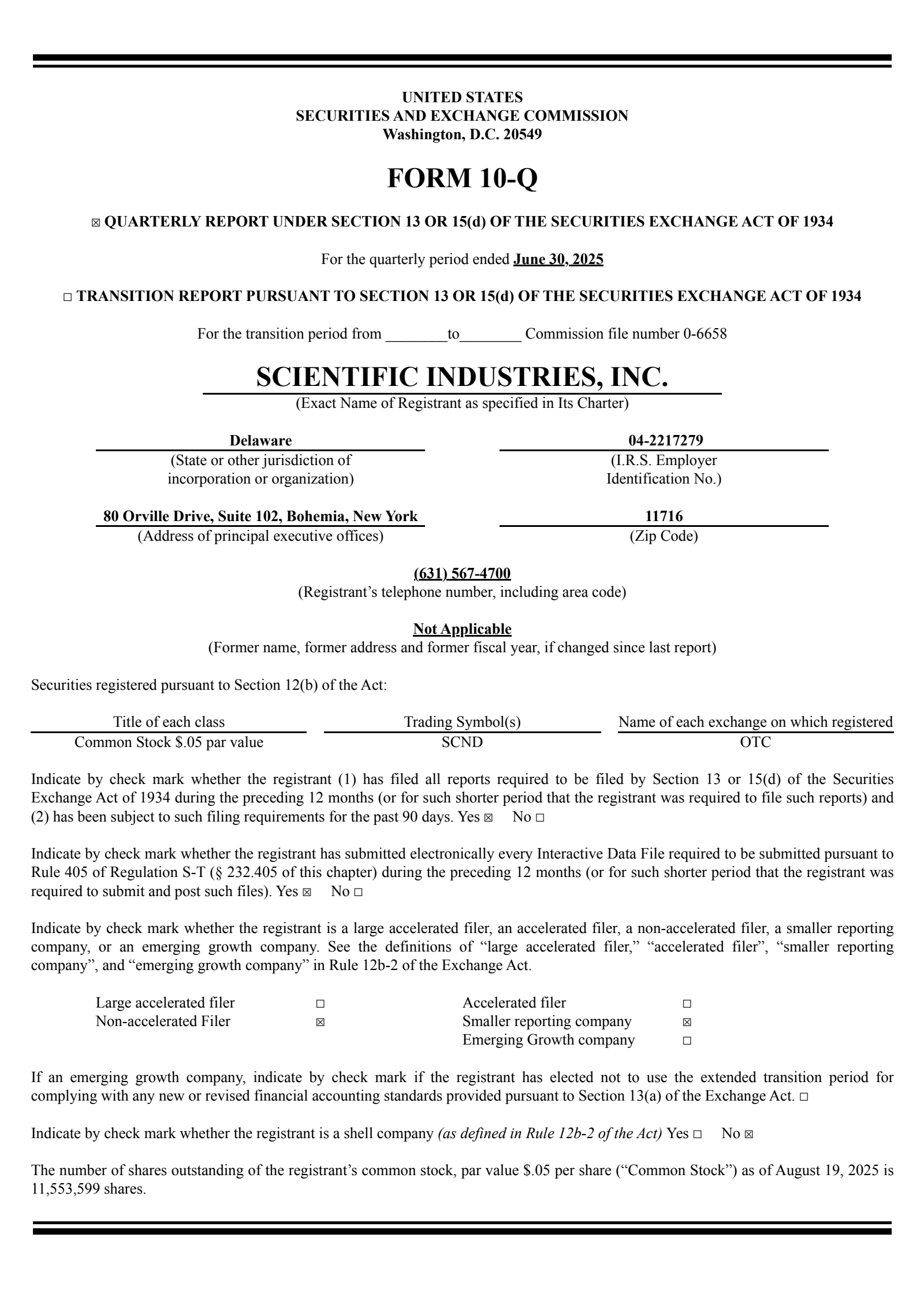 Scientific Industries' Q2 2025 Quarterly report