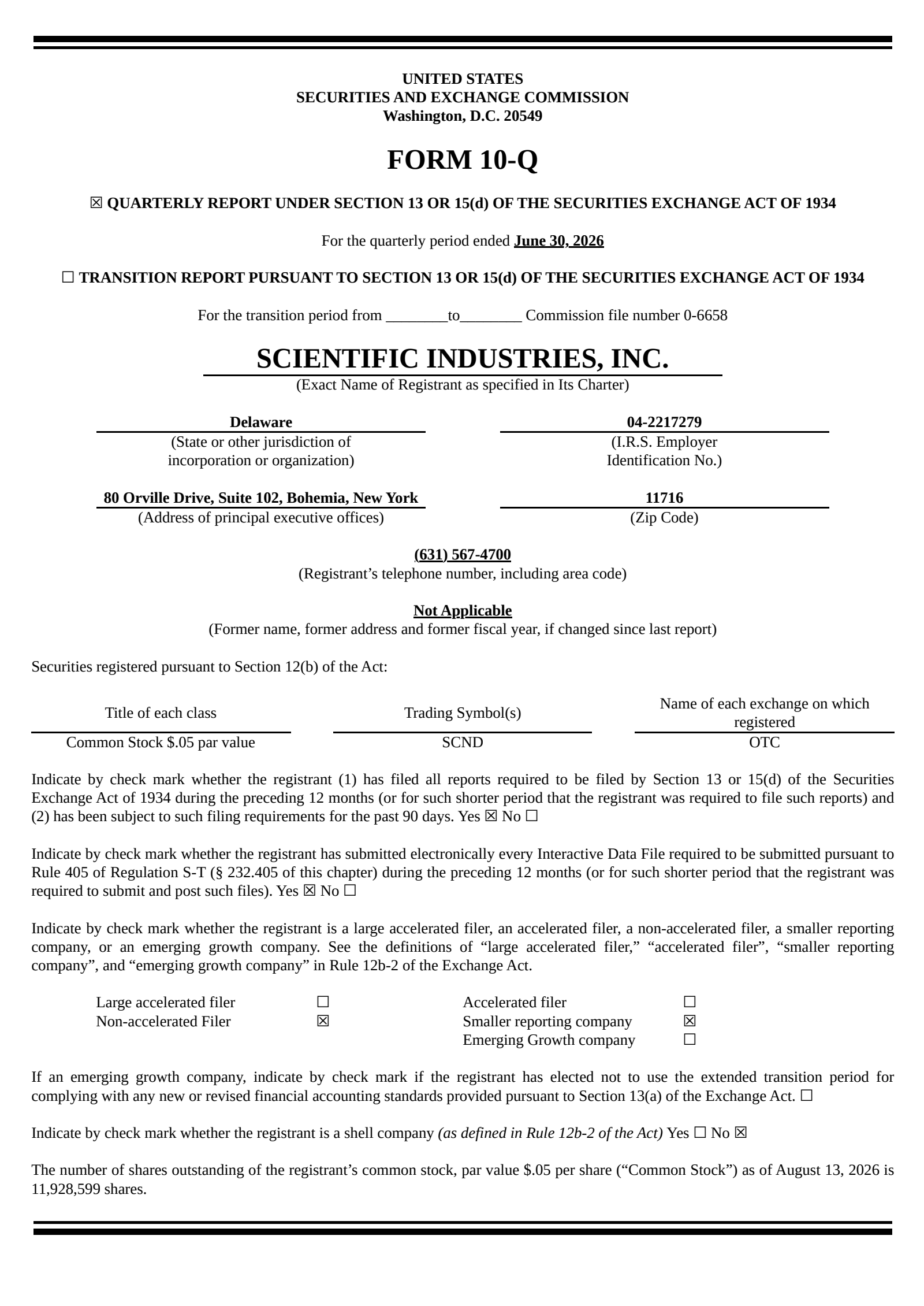 Scientific Industries' Q2 2026 Quarterly report