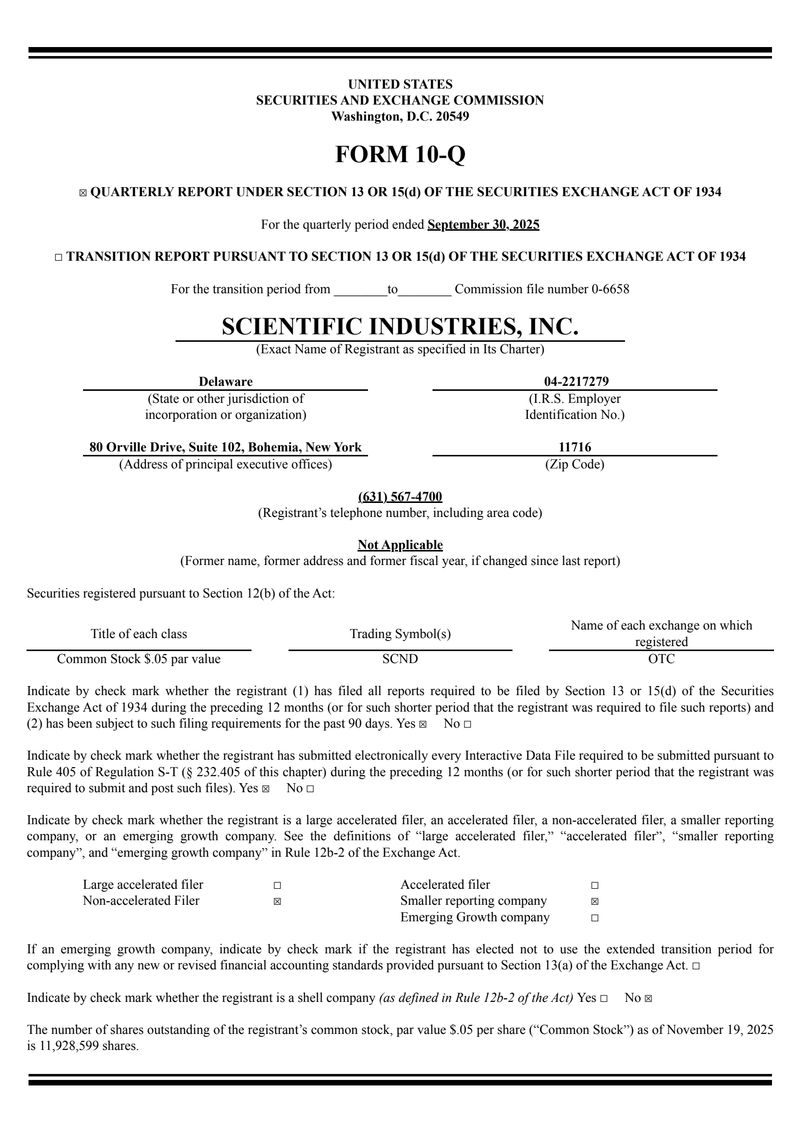 Scientific Industries' Q3 2025 Quarterly Report