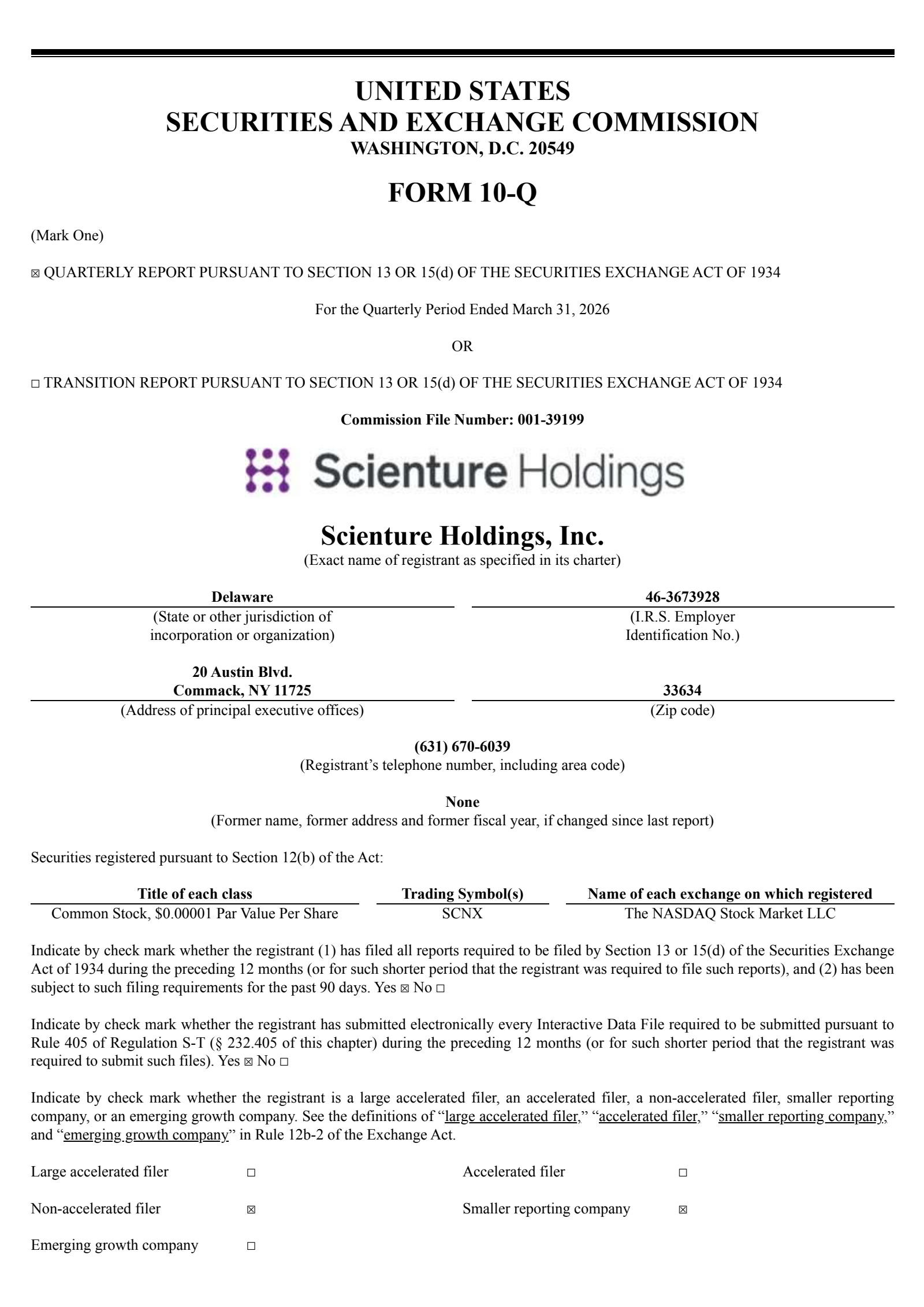 Scienture's Q1 2026 Quarterly report