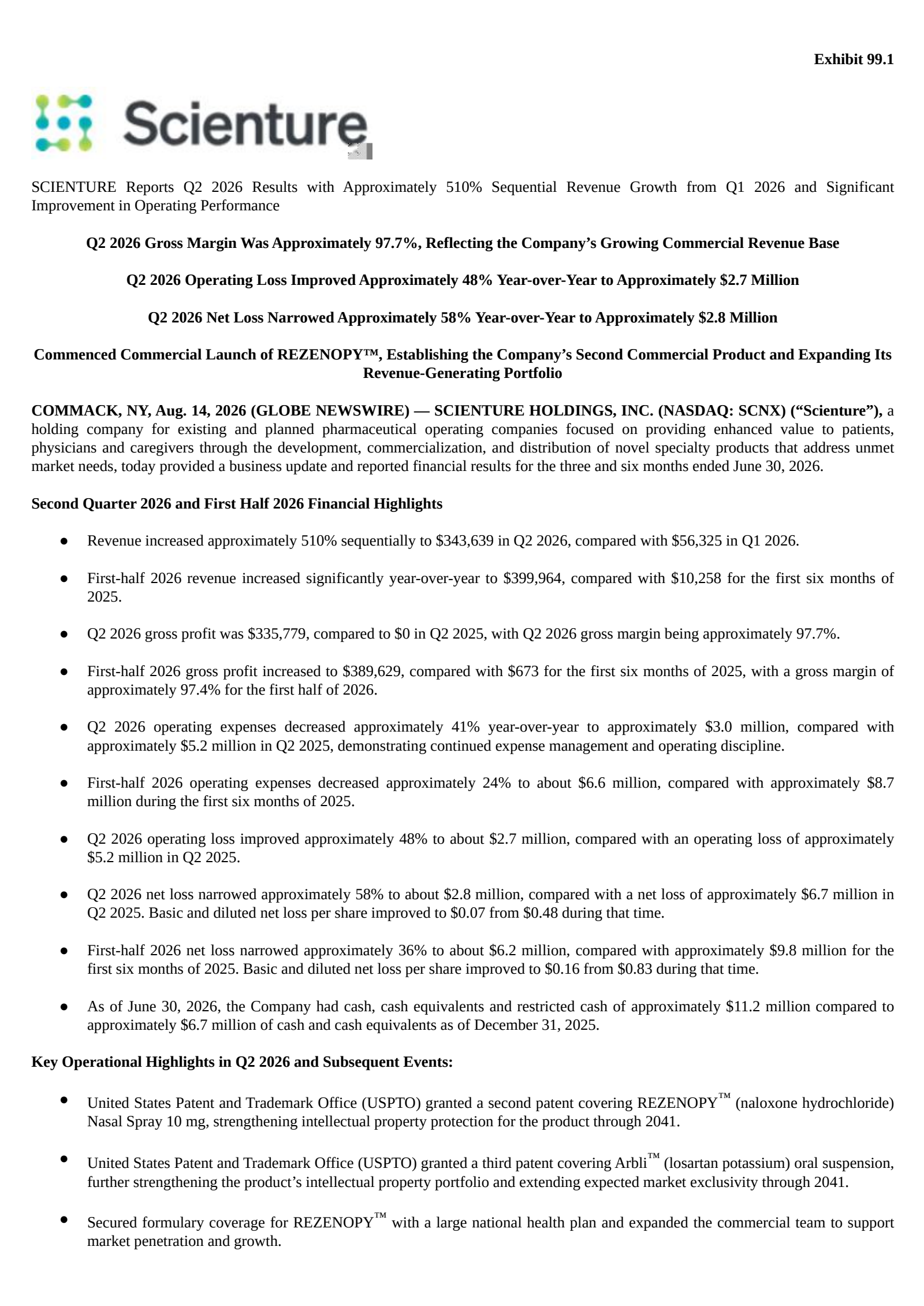 Scienture's Q2 2026 Press Release