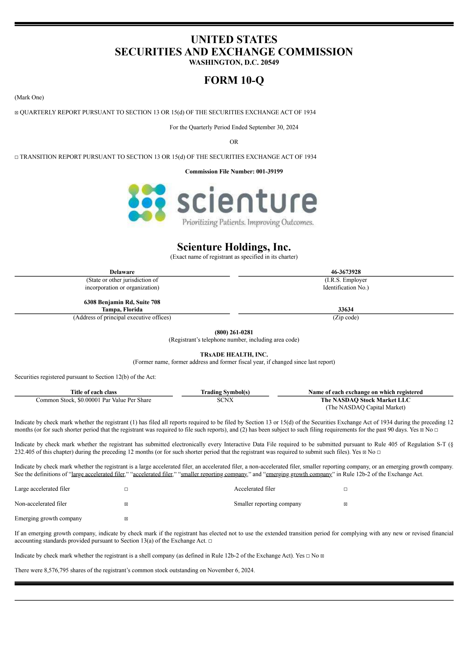 Scienture's Q3 2024 Quarterly report