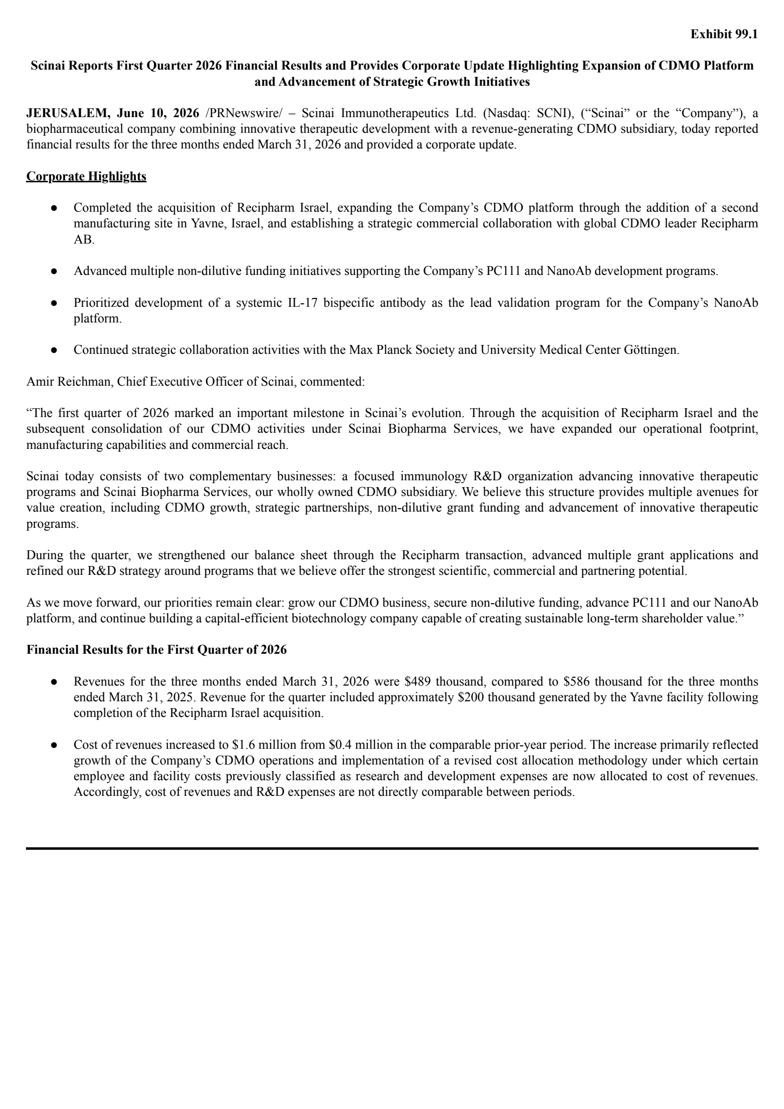 Scinai Immunotherapeutics' Q1 2026 Press Release