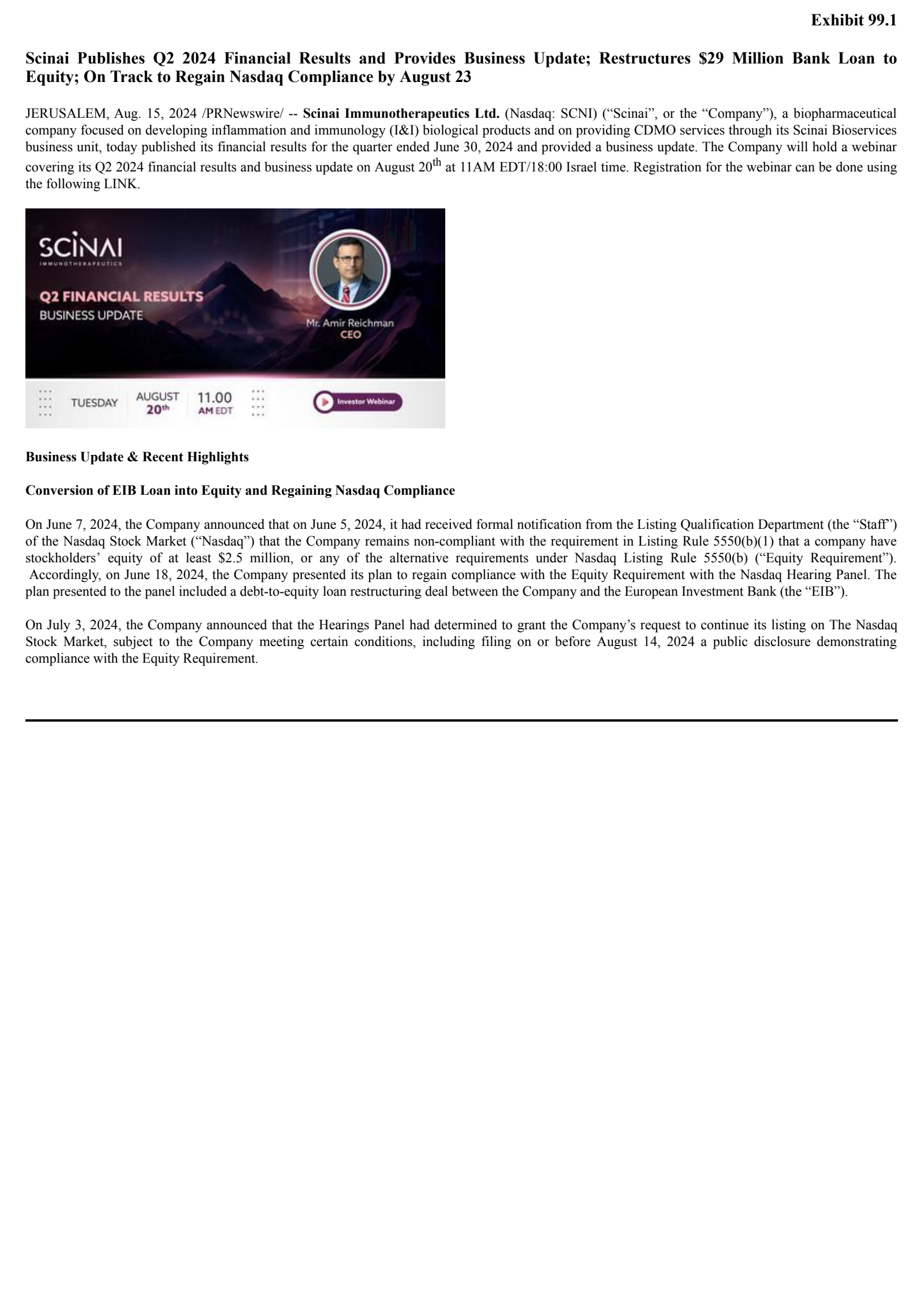 Scinai Immunotherapeutics' Q2 2024 Press Release