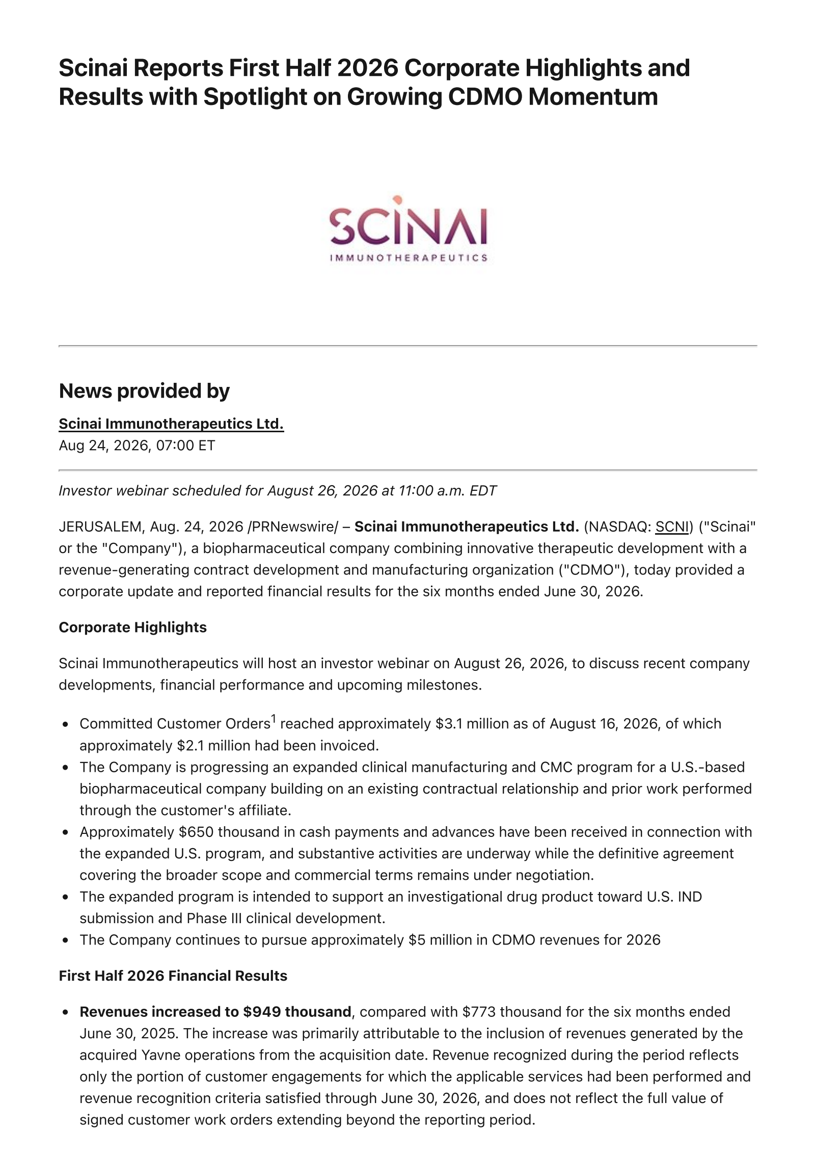 Scinai Immunotherapeutics' Q2 2026 Press Release