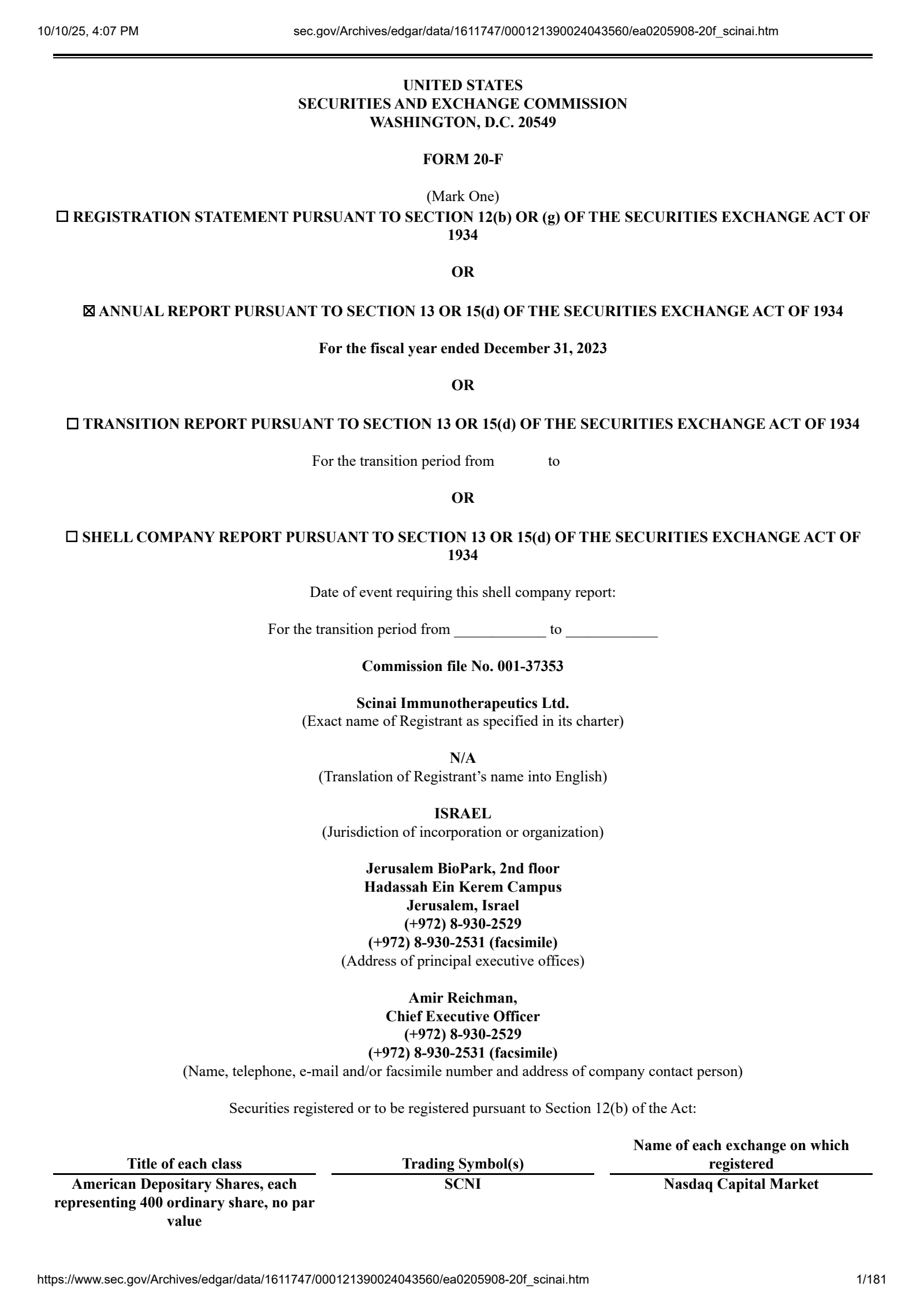 Scinai Immunotherapeutics' Q4 2023 Annual Report