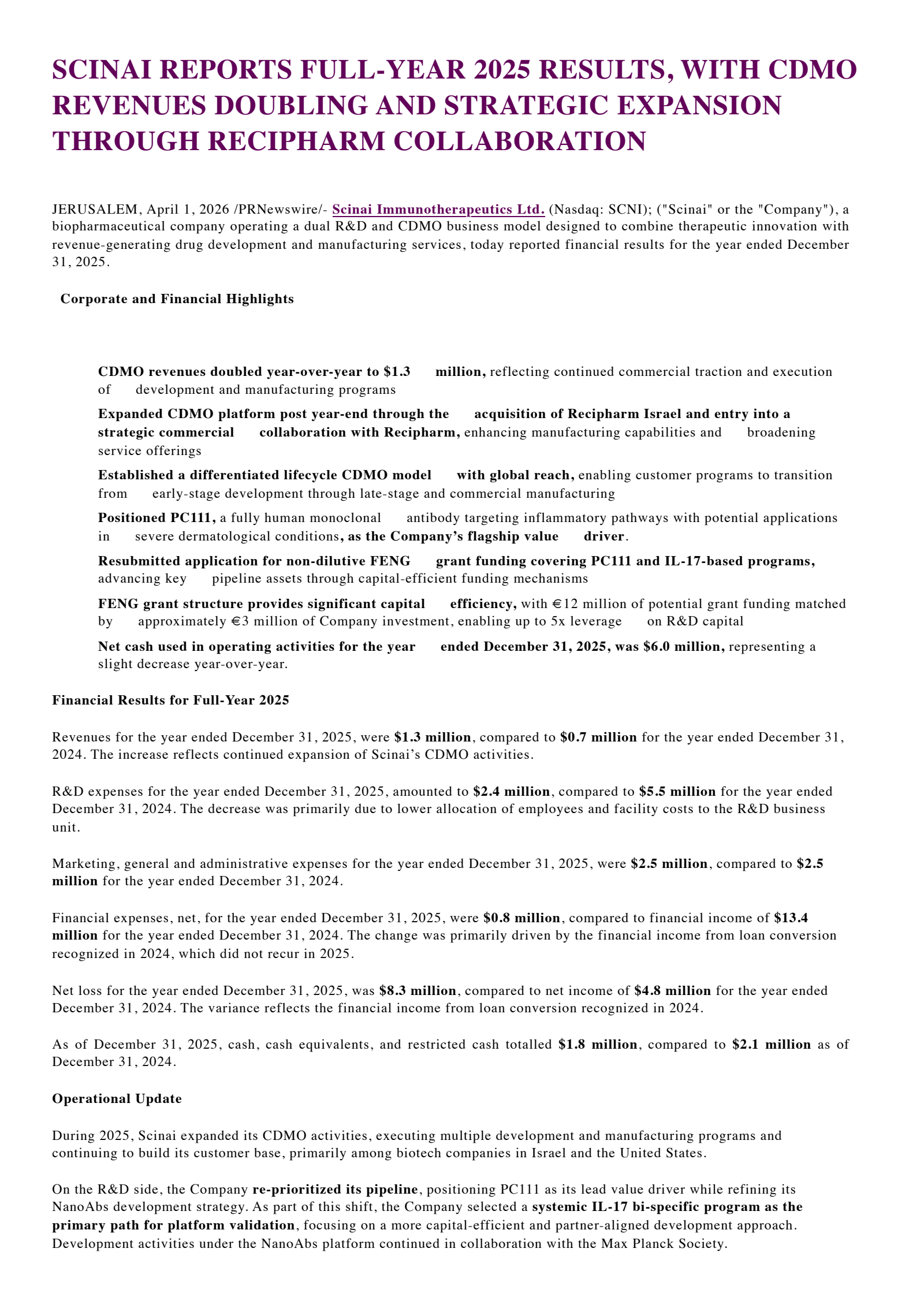 Scinai Immunotherapeutics' Q4 2025 Press Release
