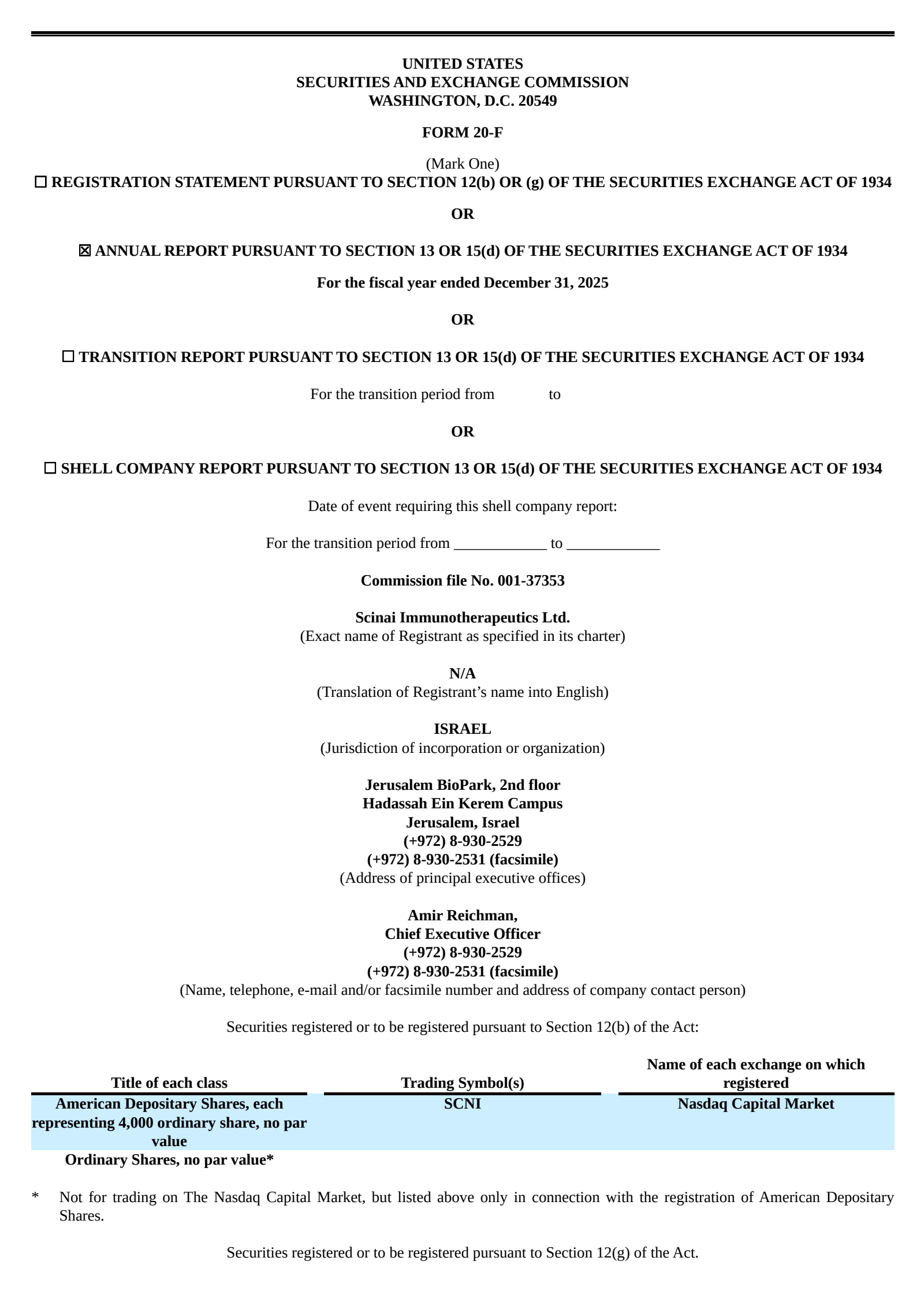 Scinai Immunotherapeutics' Q4 2025 Annual report