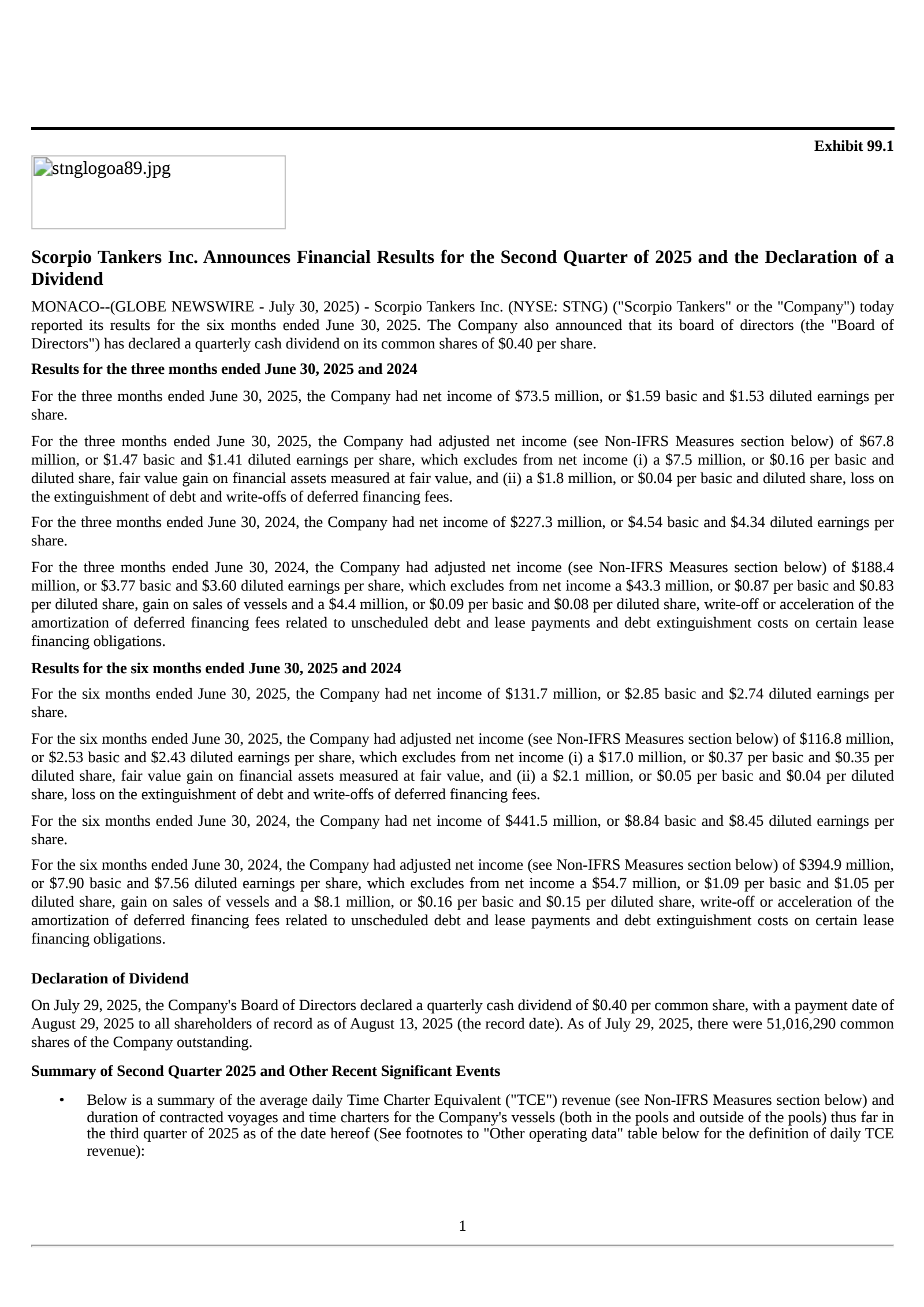 Scorpio Tankers' Q2 2025 Press Release