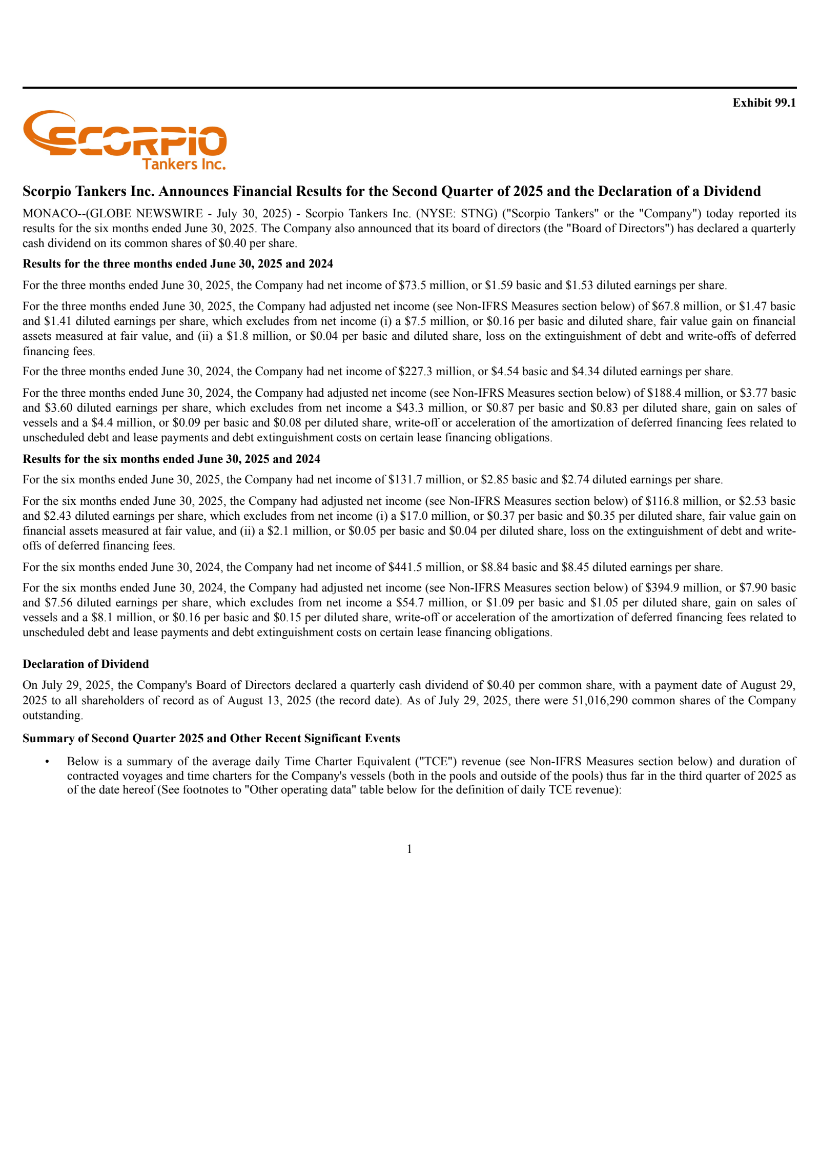 Scorpio Tankers' Q2 2025 Earnings Release